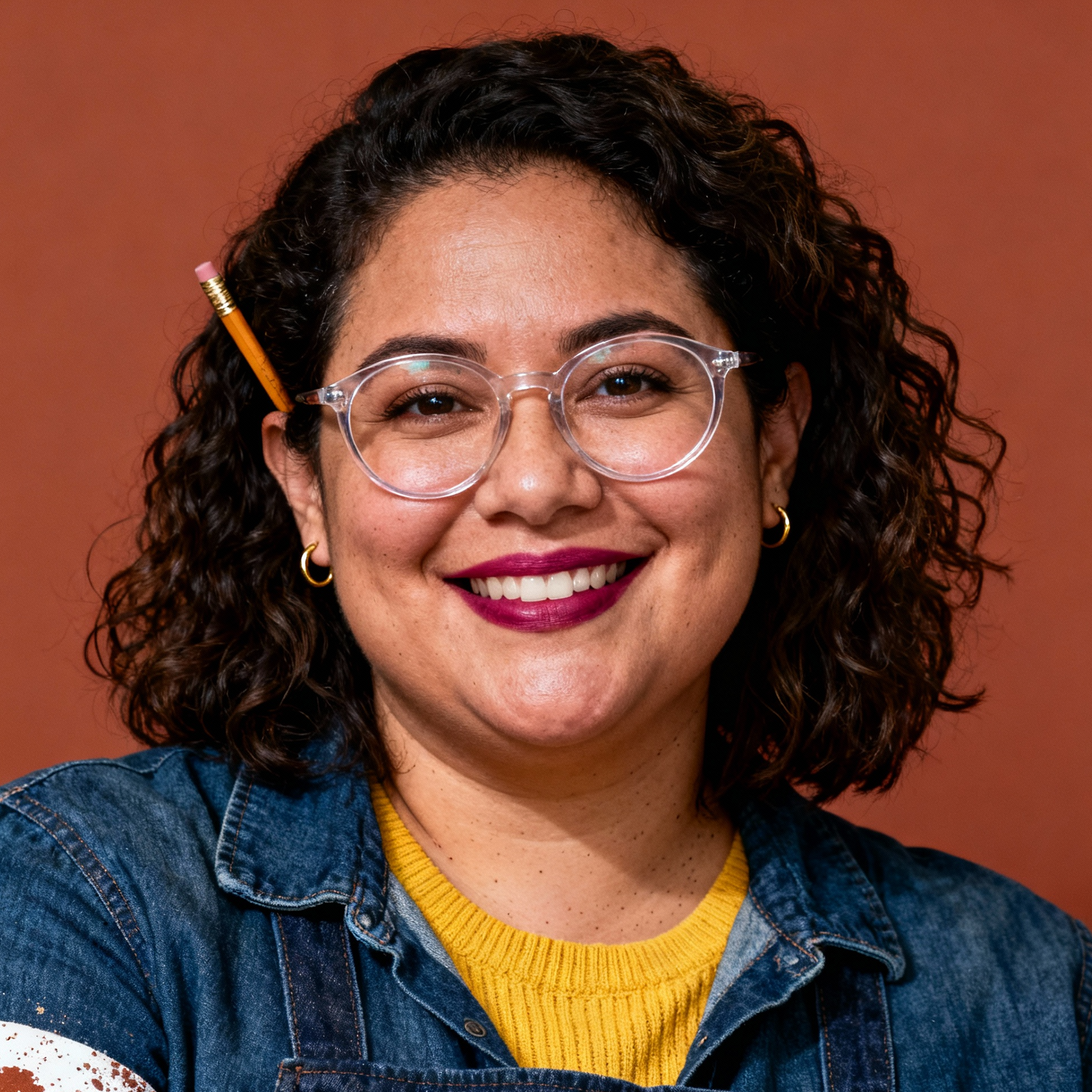 AI-generated portrait of a middle-aged woman with curly hair and glasses, wearing layered casual clothing, posed with a smiling expression against a warm orange background in soft studio light.