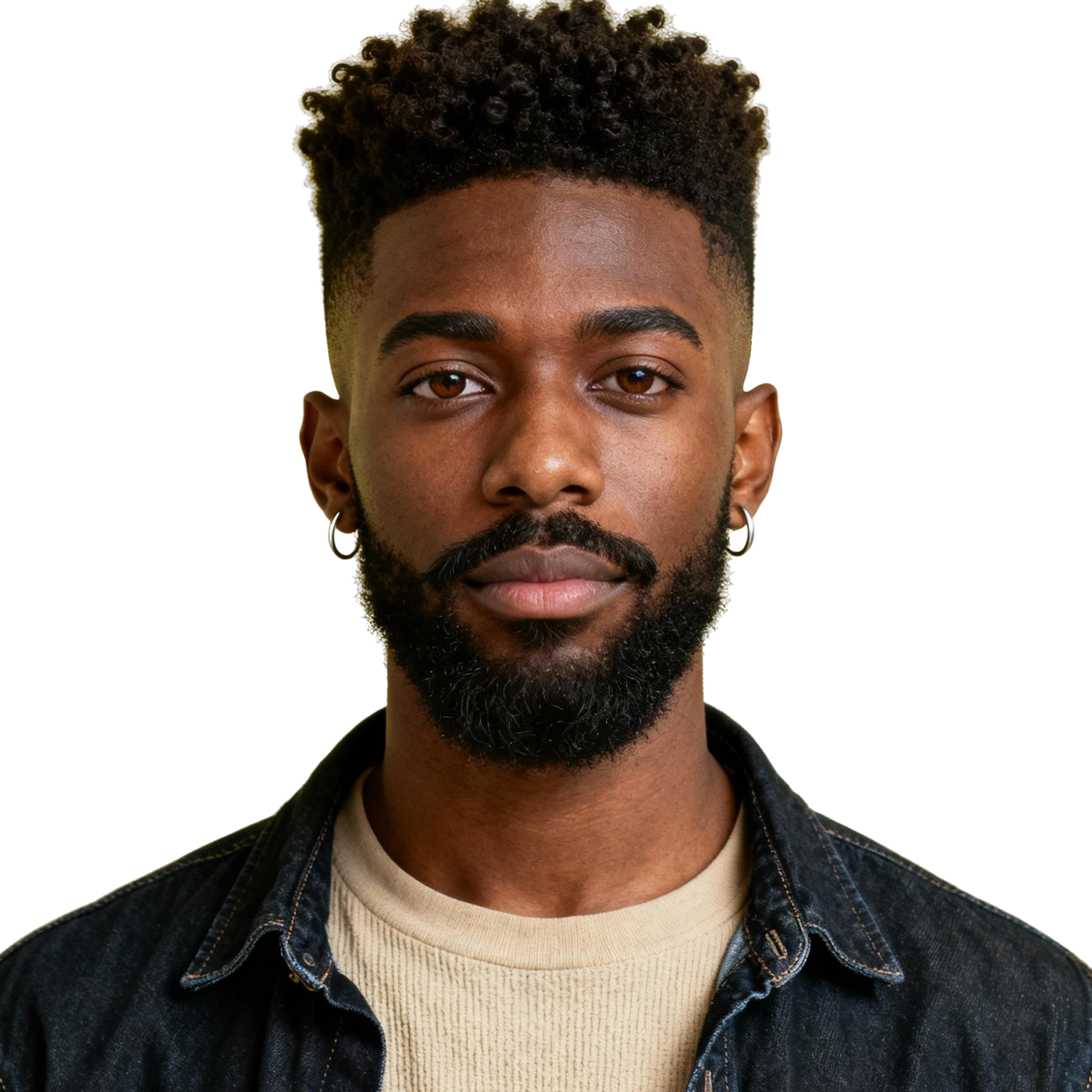 AI-generated portrait of a young man with short textured hair and trimmed facial hair, wearing a layered shirt and jacket, posed with a calm expression against a transparent background in soft studio light.