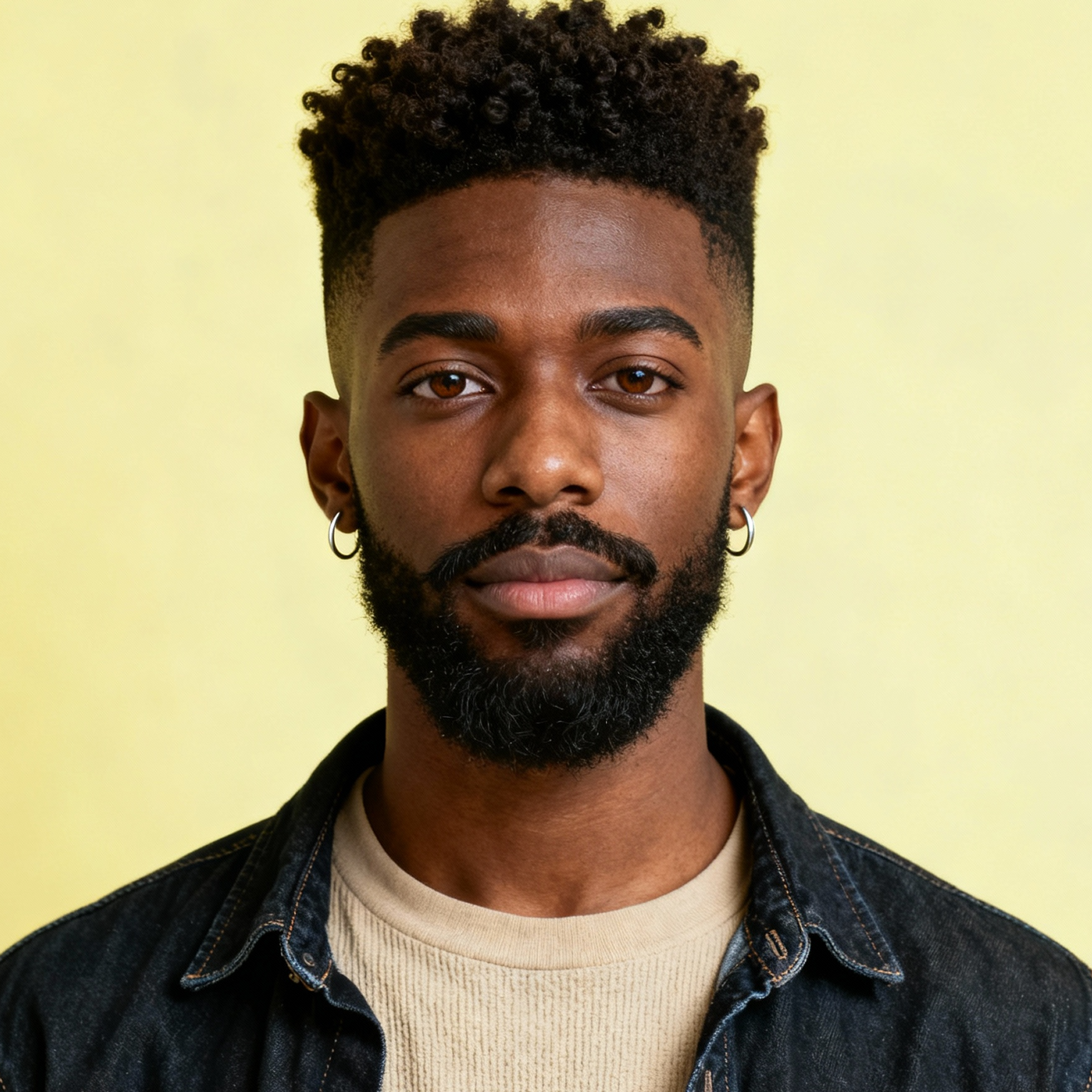AI-generated portrait of a young man with short textured hair and trimmed facial hair, wearing a layered shirt and jacket, posed with a calm expression against a yellow background in soft studio light.