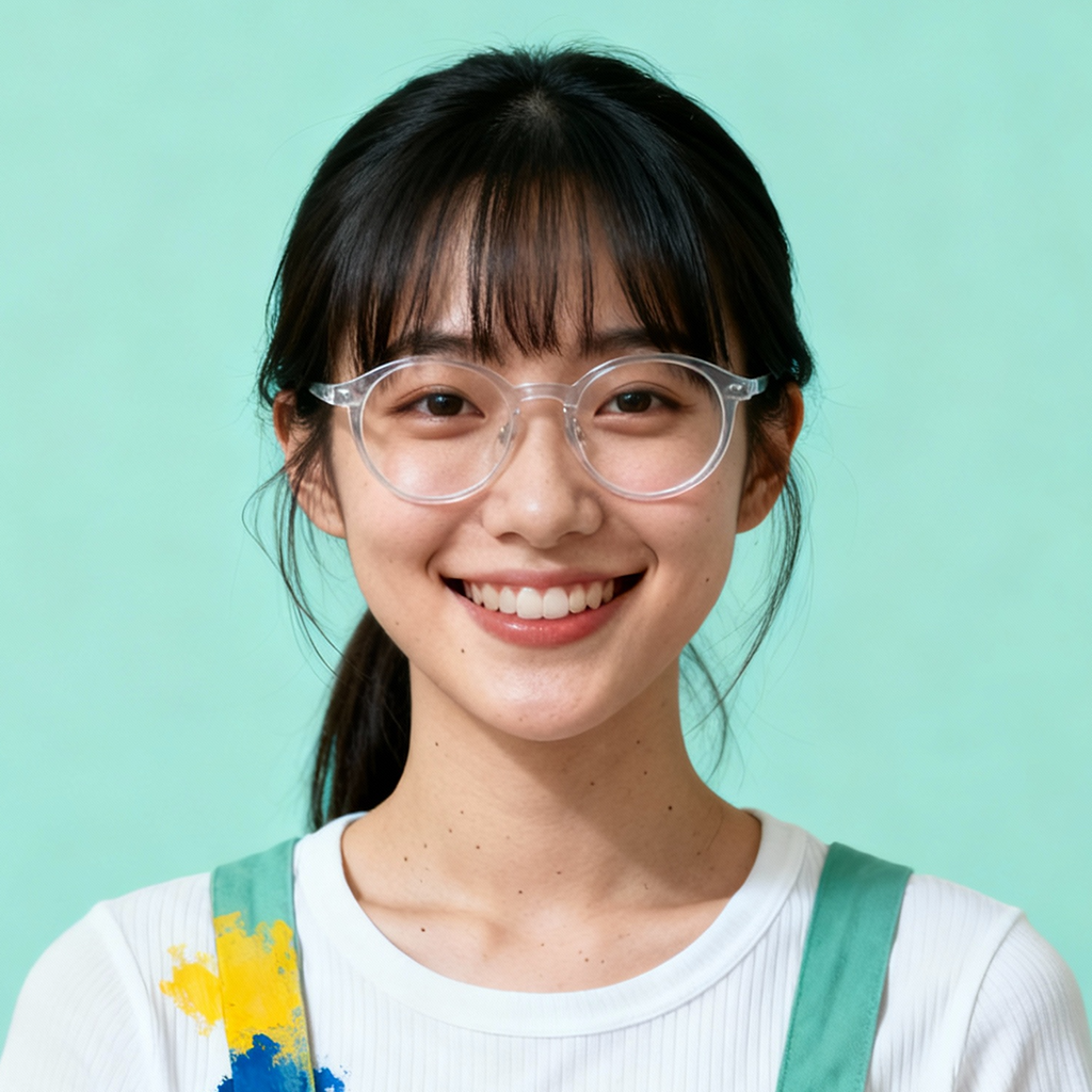 AI-generated portrait of a young woman with straight hair and bangs and glasses, wearing paint-splashed overalls over a shirt, posed with a cheerful expression against a mint green background in soft studio light.