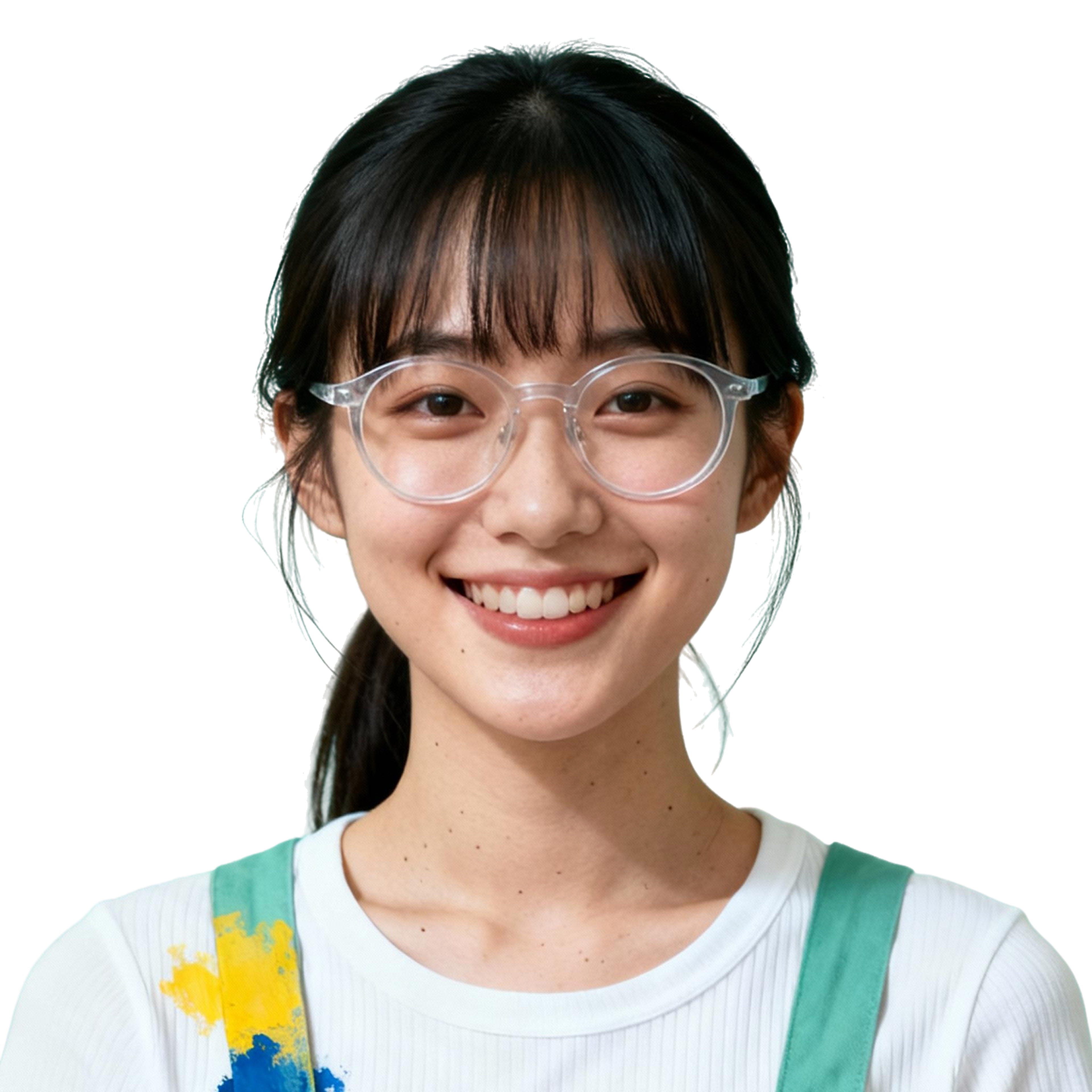 AI-generated portrait of a young woman with straight hair and bangs and glasses, wearing paint-splashed overalls over a shirt, posed with a cheerful expression against a transparent background in soft studio light.