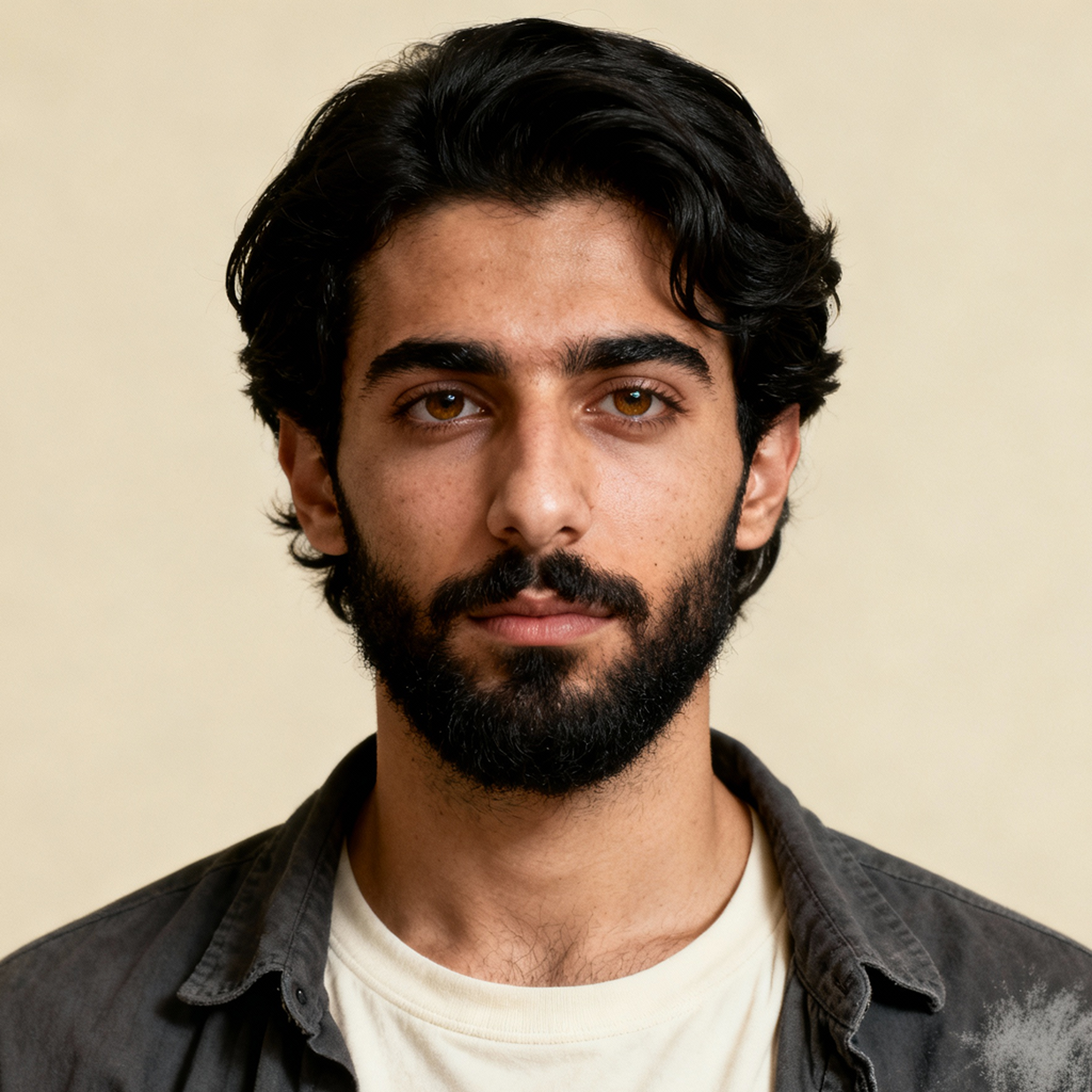 AI-generated portrait of a young man with wavy dark hair and a full beard, wearing a light shirt and open jacket, posed with a neutral expression against a warm beige background in soft studio light.