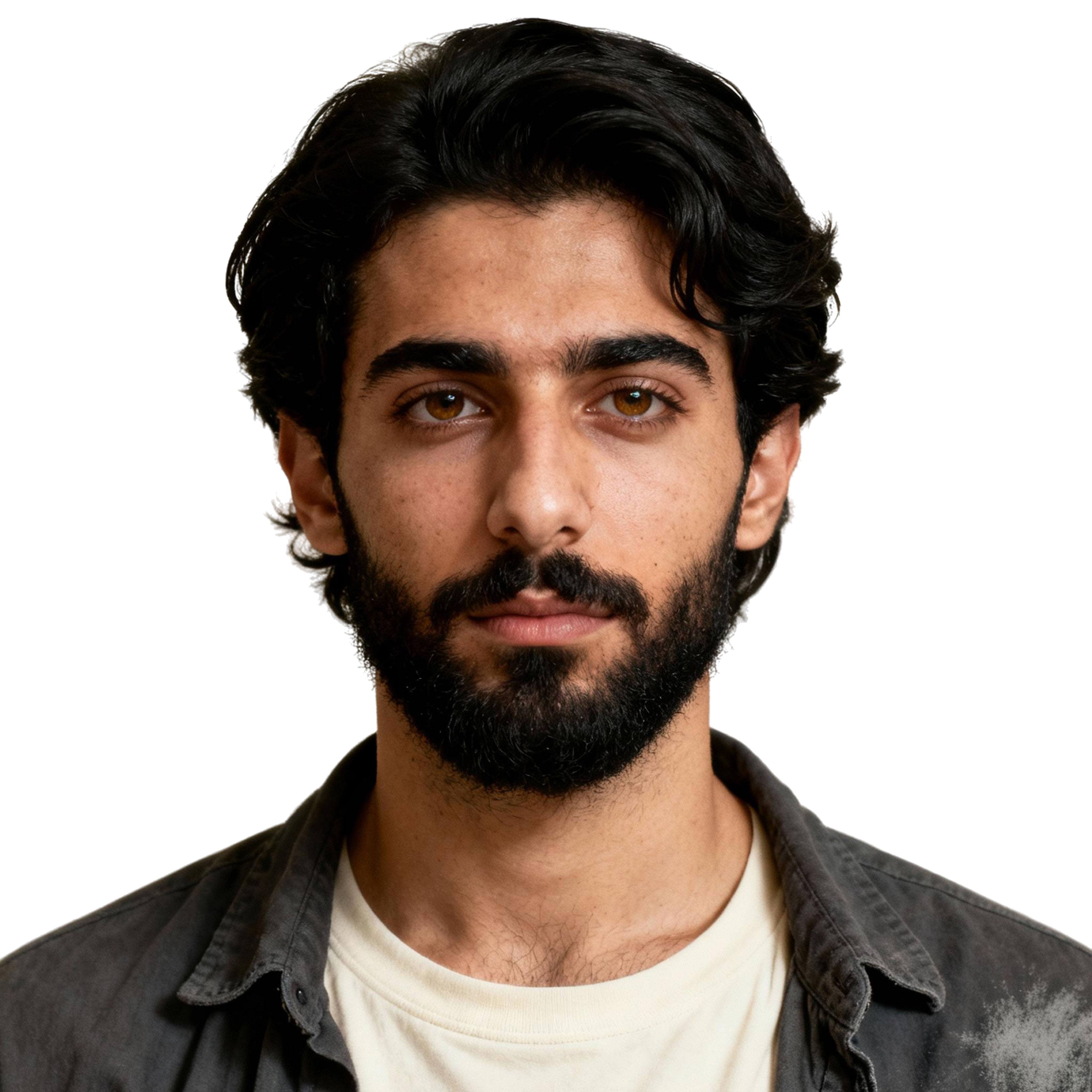 AI-generated portrait of a young man with wavy dark hair and a full beard, wearing a light shirt and open jacket, posed with a neutral expression against a transparent background in soft studio light.