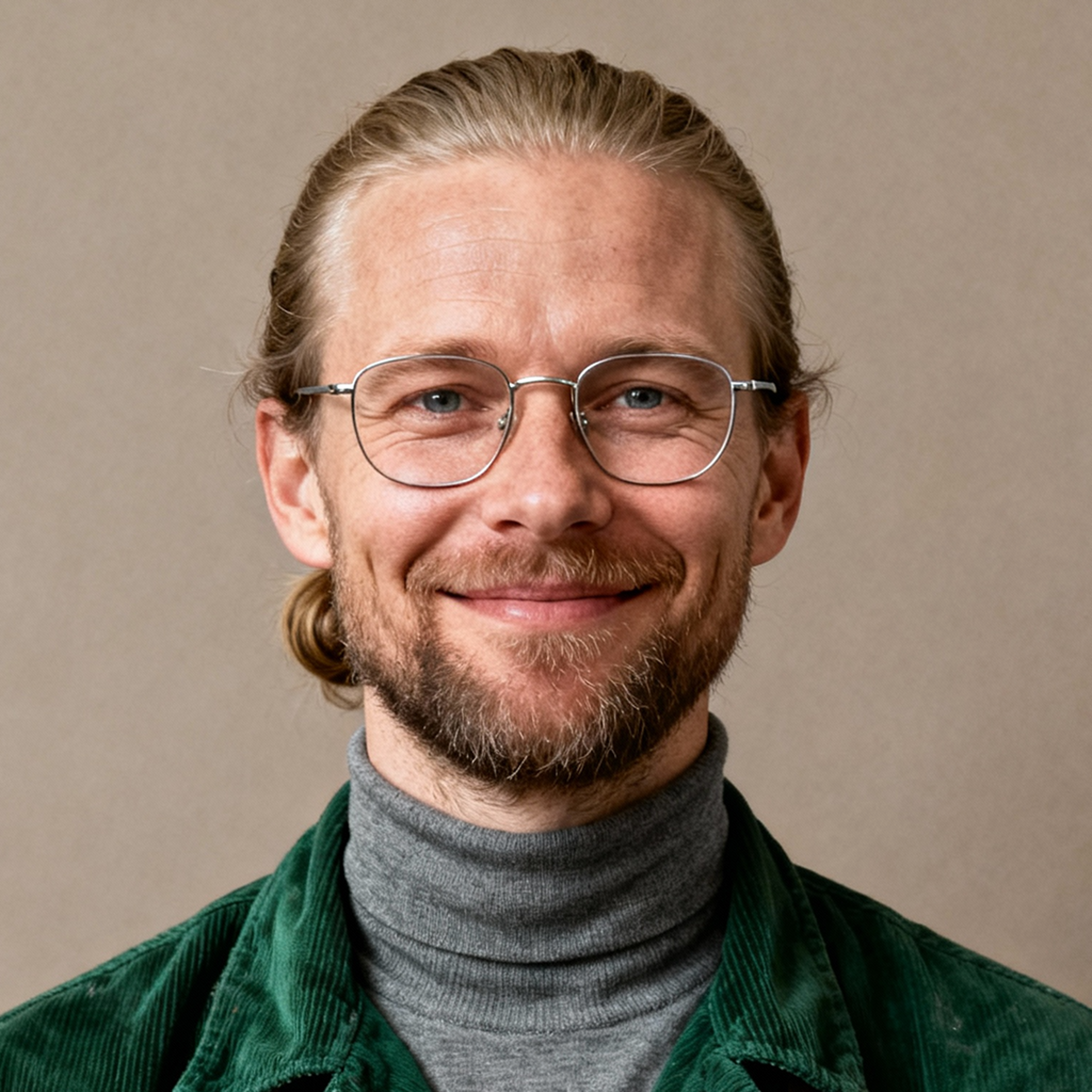 AI-generated portrait of a middle-aged man with long hair pulled back and glasses, wearing a turtleneck and jacket, posed with a gentle smile against a neutral beige background in soft studio light.