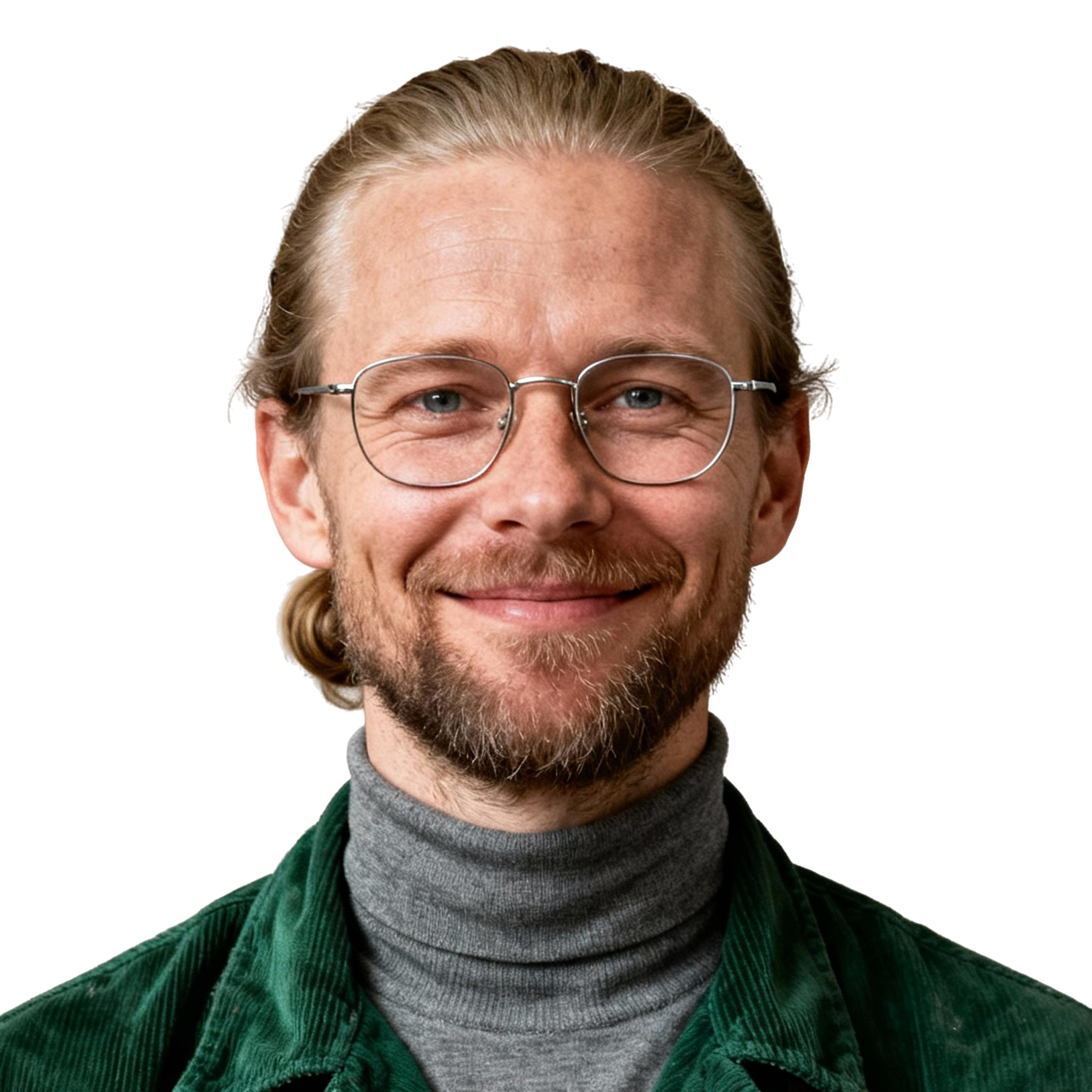 AI-generated portrait of a middle-aged man with long hair pulled back and glasses, wearing a turtleneck and jacket, posed with a gentle smile against a transparent background in soft studio light.