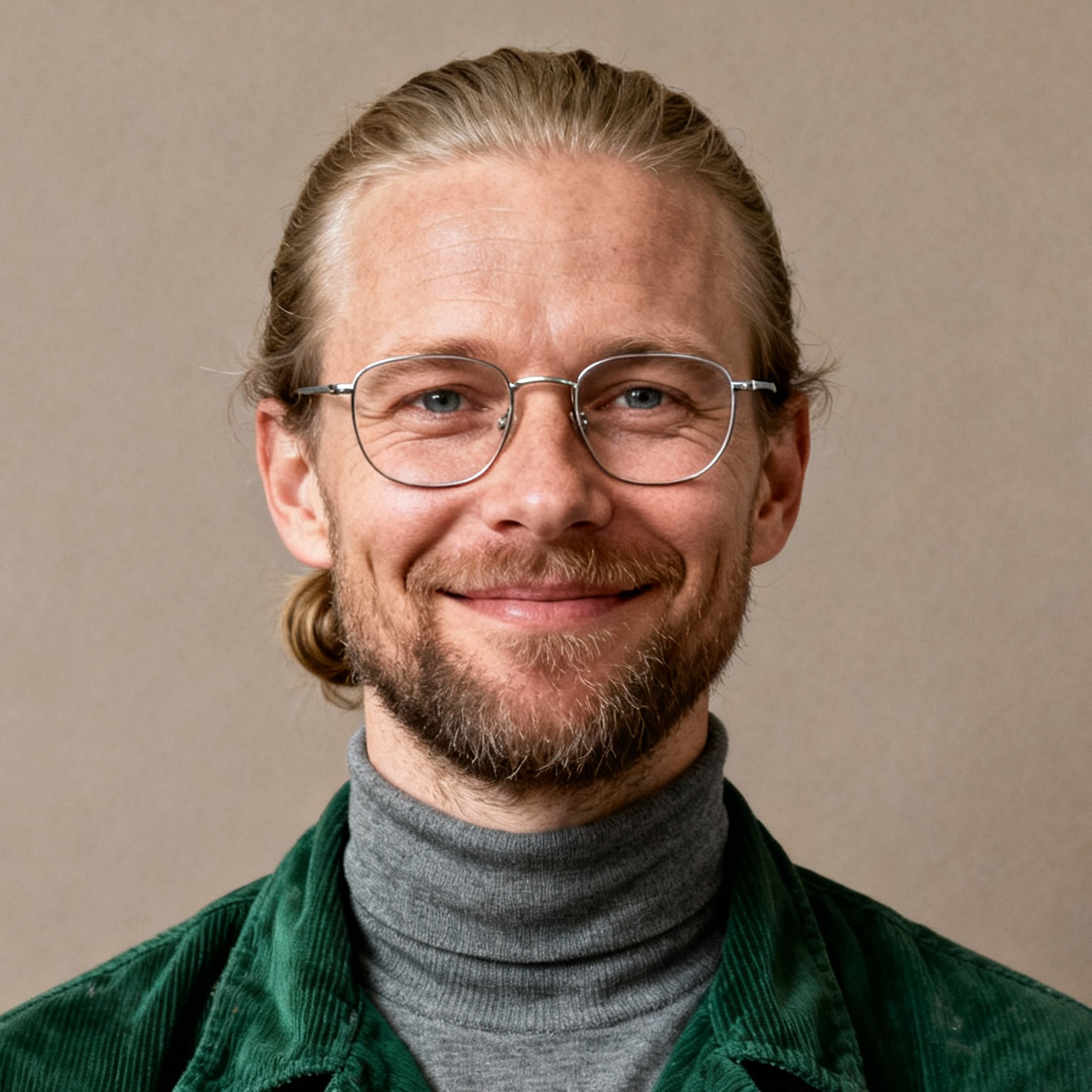 AI-generated portrait of a middle-aged man with long hair pulled back and glasses, wearing a turtleneck and jacket, posed with a gentle smile against a neutral beige background in soft studio light.