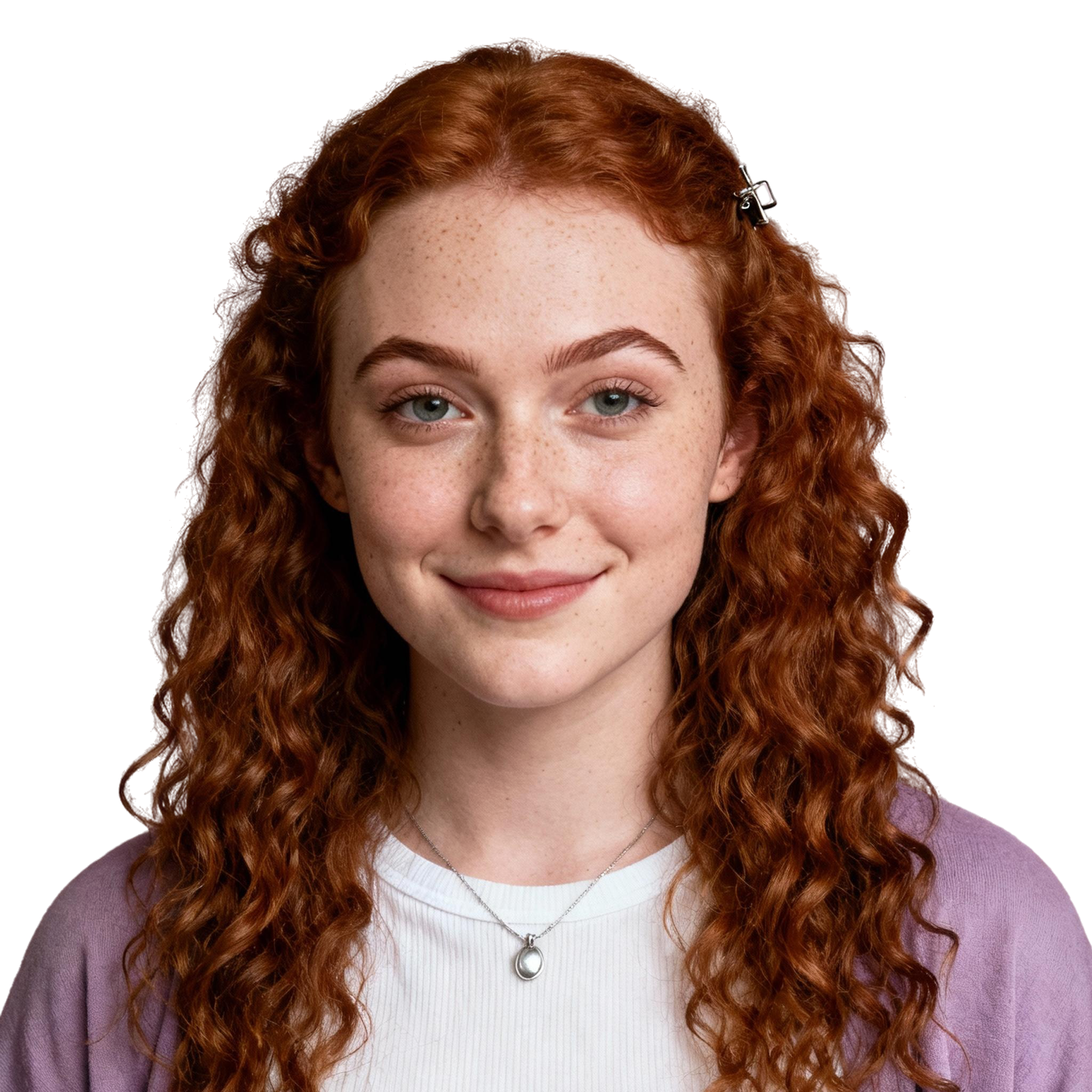 AI-generated portrait of a young woman with long curly red hair and freckles, wearing a light top and cardigan, posed with a subtle smile against a transparent background in warm studio light.