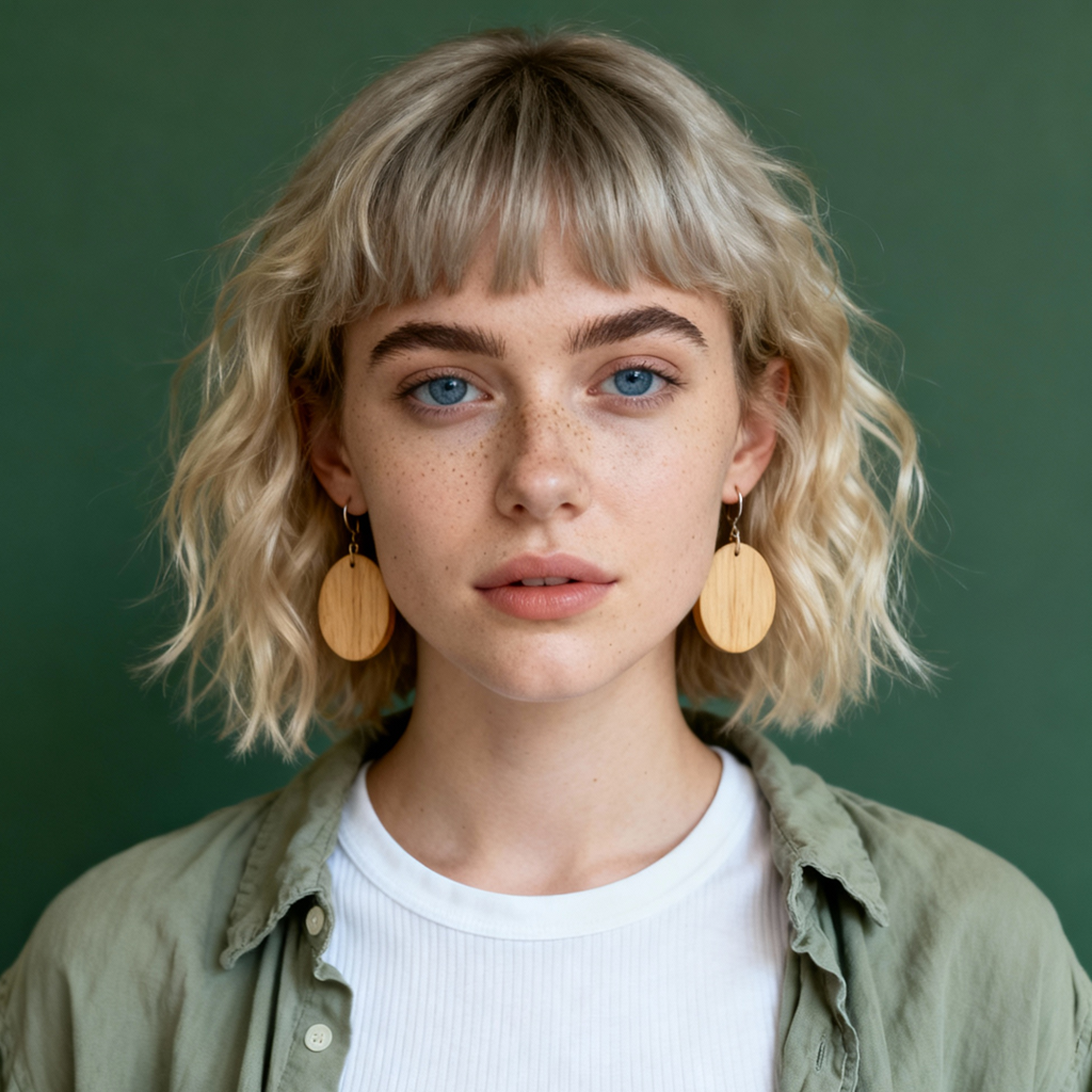 AI-generated portrait of a young woman with a short blonde bob and light freckles, wearing a white top and open shirt, posed with a neutral expression against a green background in diffused studio light.
