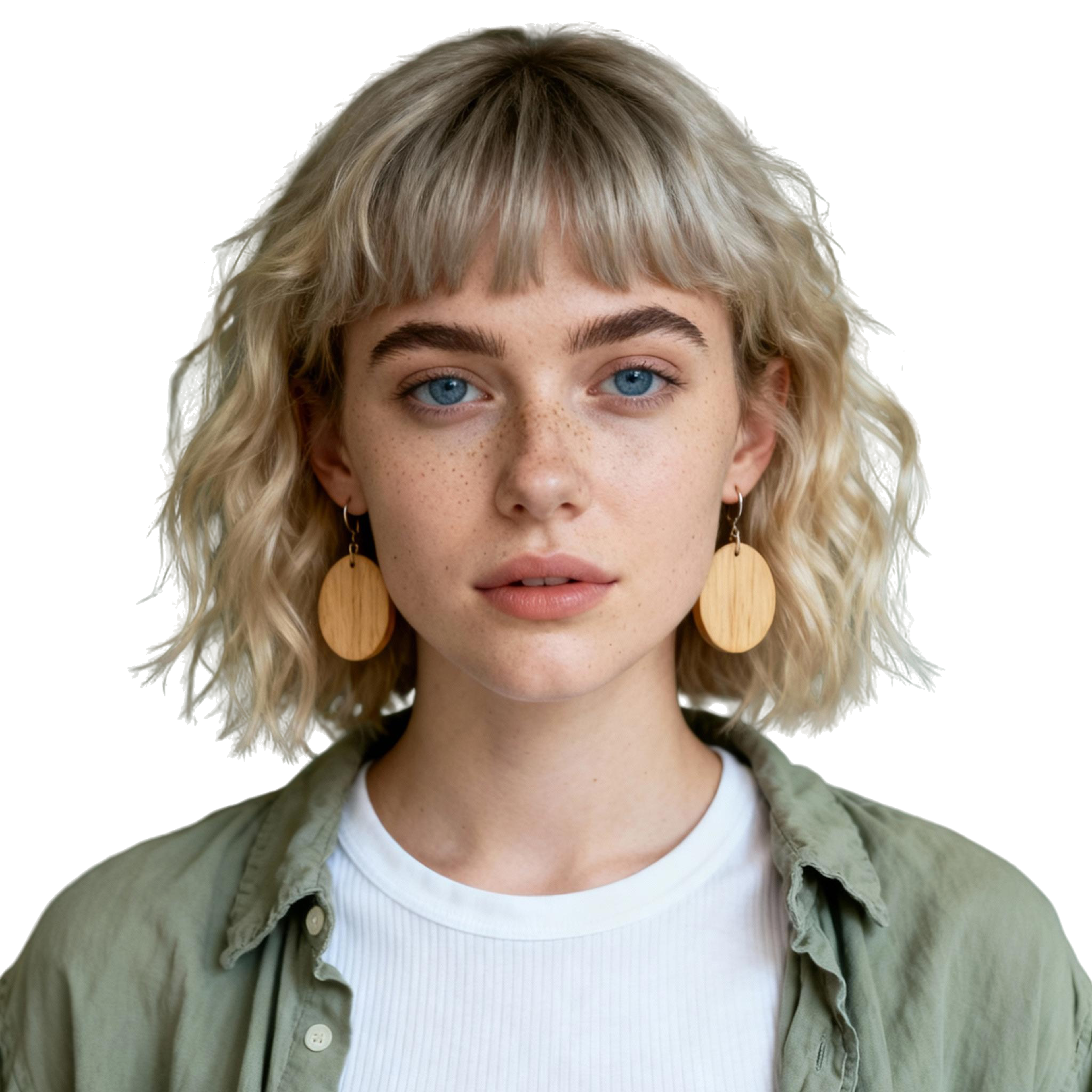 AI-generated portrait of a young woman with a short blonde bob and light freckles, wearing a white top and open shirt, posed with a neutral expression against a transparent background in diffused studio light.