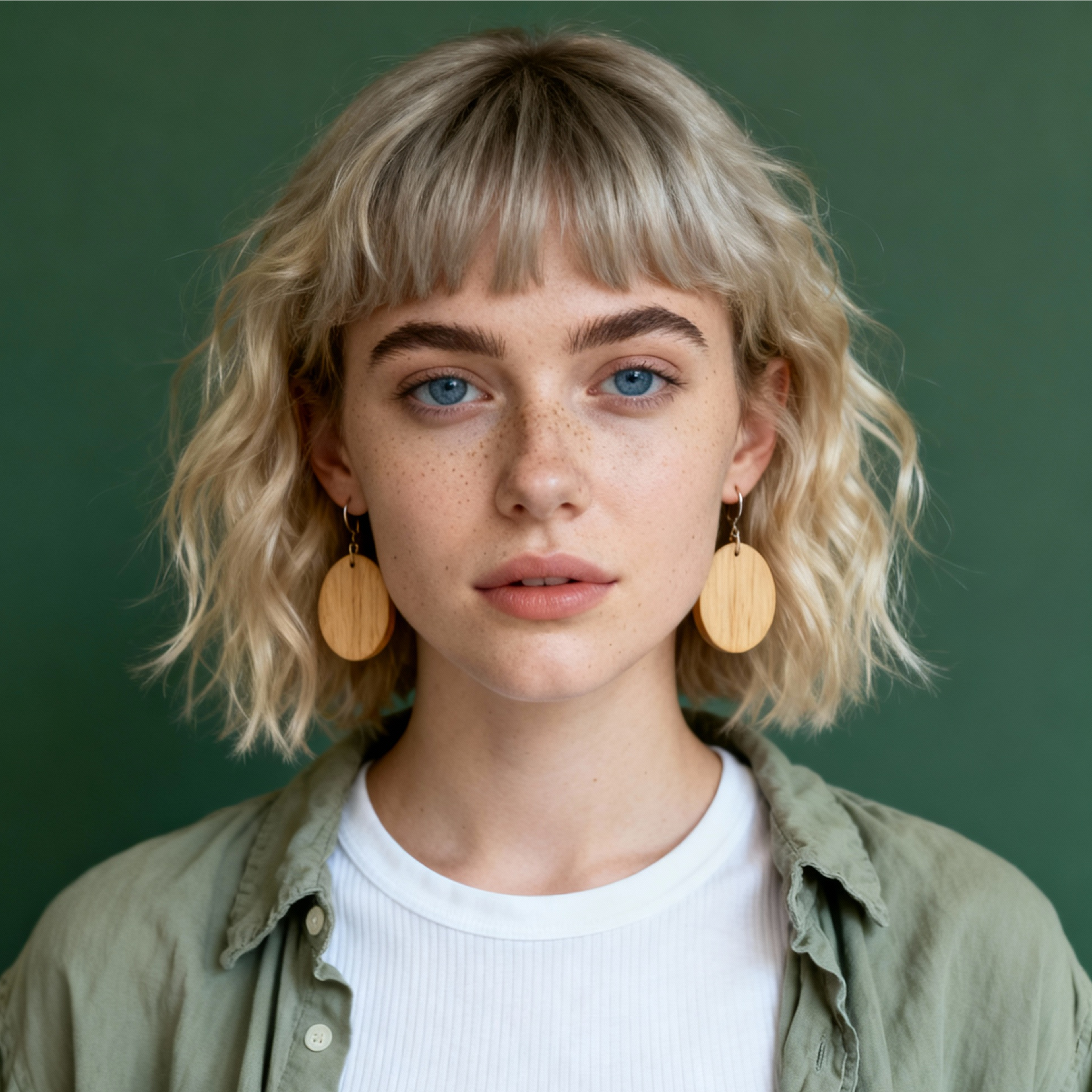 AI-generated portrait of a young woman with a short blonde bob and light freckles, wearing a white top and open shirt, posed with a neutral expression against a green background in diffused studio light.