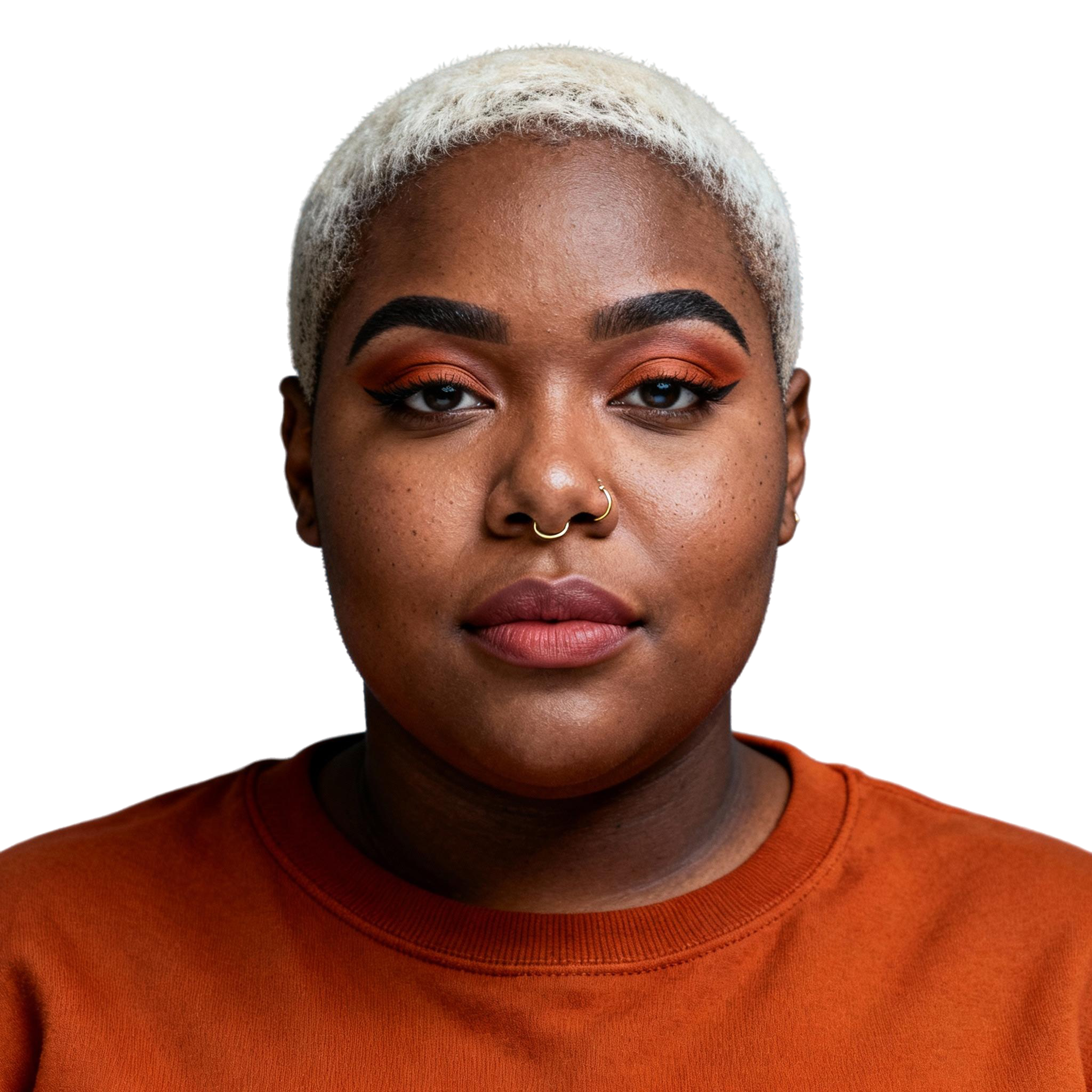 AI-generated portrait of a young woman with very short cropped hair and a nose ring, wearing a crewneck top, posed with a confident expression against a transparent background in bright studio light.