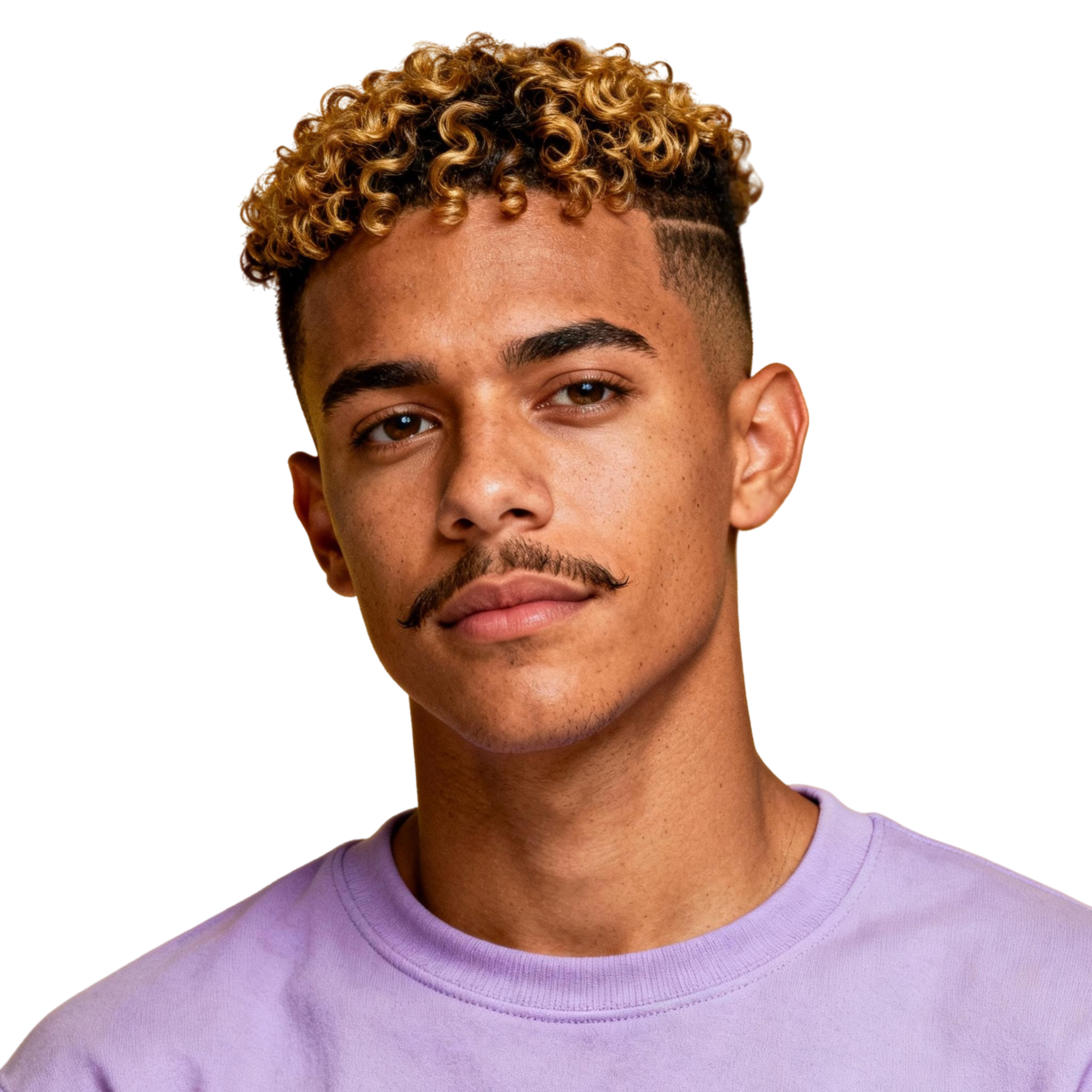 AI-generated portrait of a young man with short curly hair and a mustache, wearing a casual top, posed with a relaxed expression against a transparent background in bright studio light.
