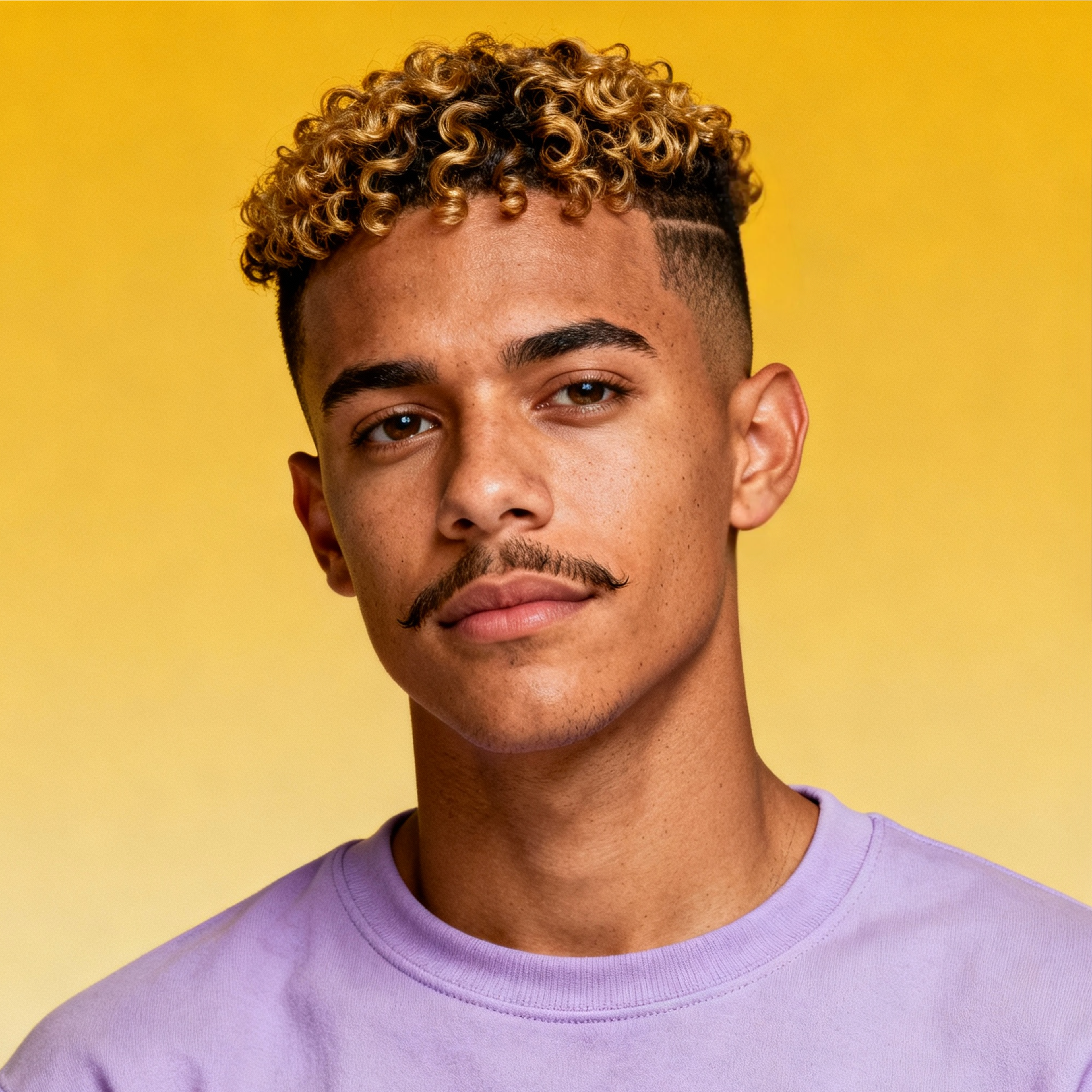 AI-generated portrait of a young man with short curly hair and a mustache, wearing a casual top, posed with a relaxed expression against a yellow background in bright studio light.