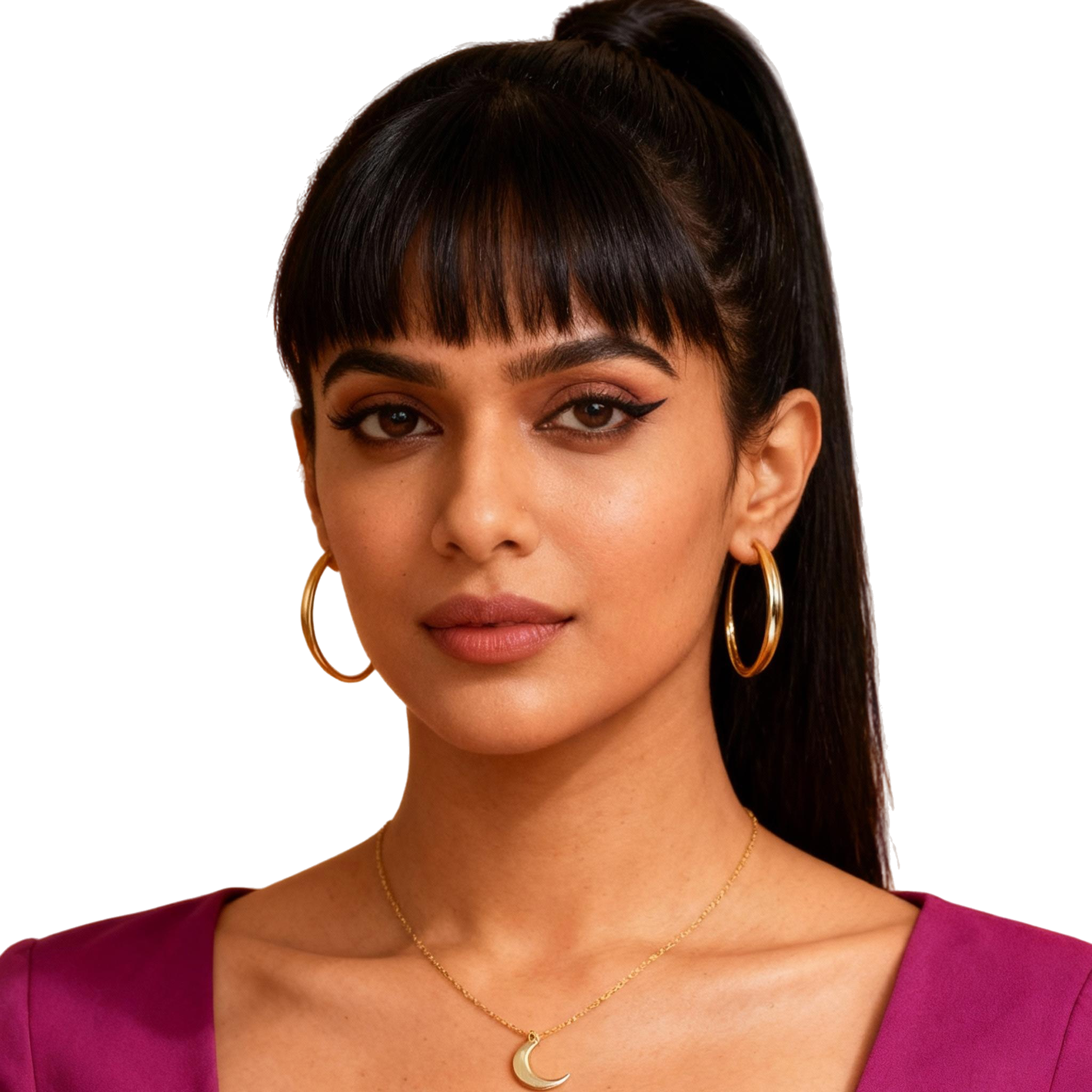 AI-generated portrait of a young woman with long dark hair and straight bangs, wearing hoop earrings and a statement top, posed with a composed expression against a transparent background in bright studio light.