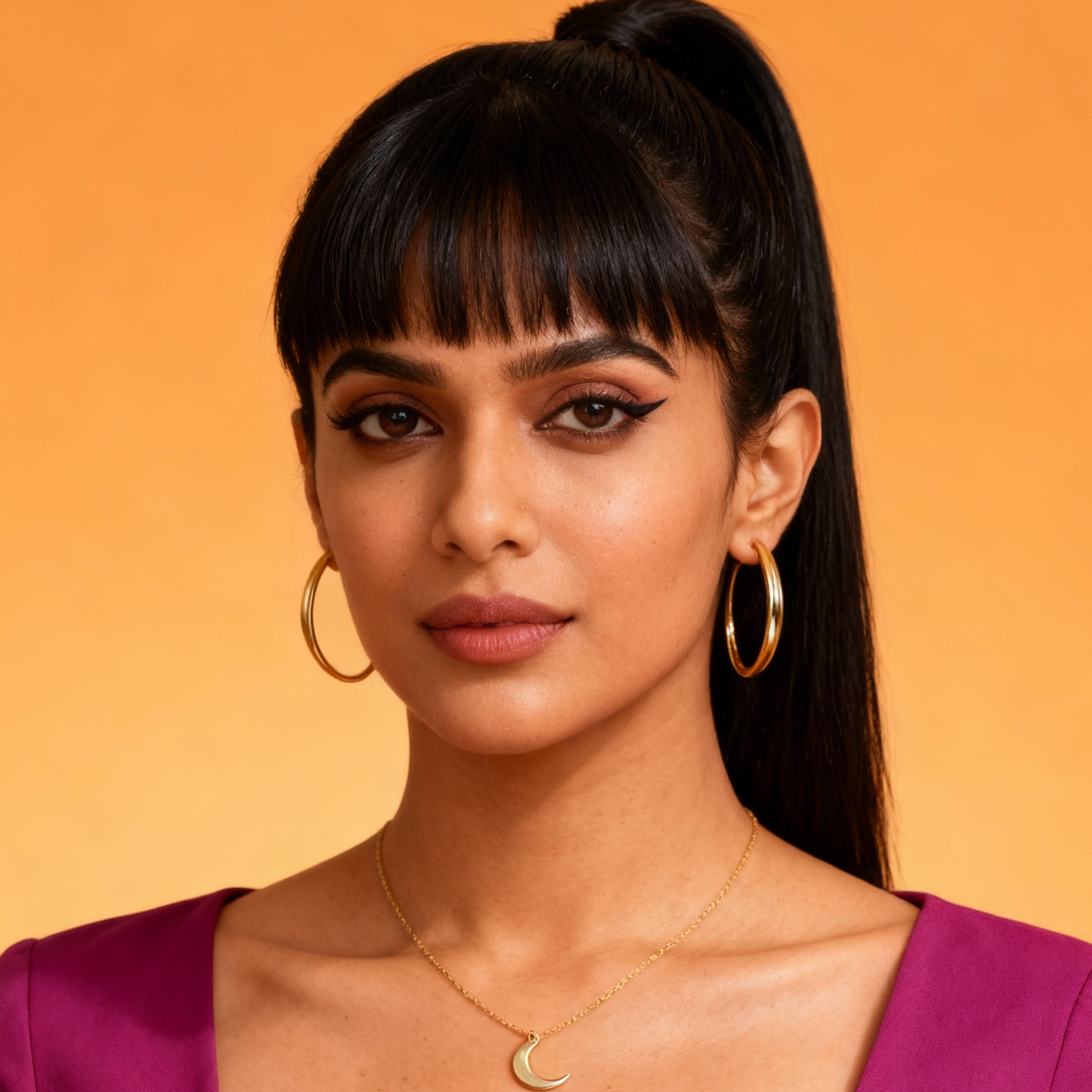AI-generated portrait of a young woman with long dark hair and straight bangs, wearing hoop earrings and a statement top, posed with a composed expression against an orange background in bright studio light.