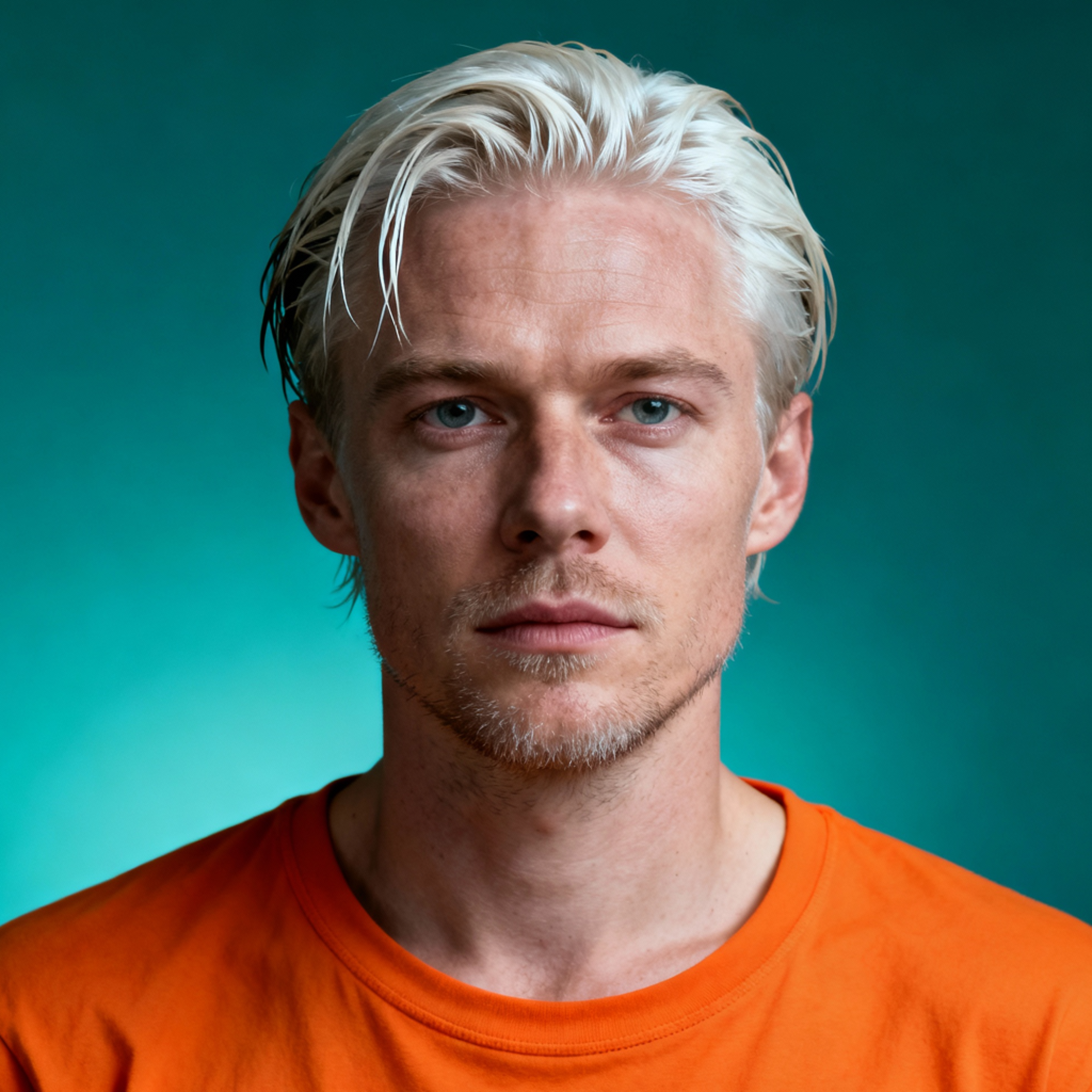 AI-generated portrait of a young man with light hair styled back and light facial hair, wearing a crewneck shirt, posed with a serious expression against a teal background in bright studio light.