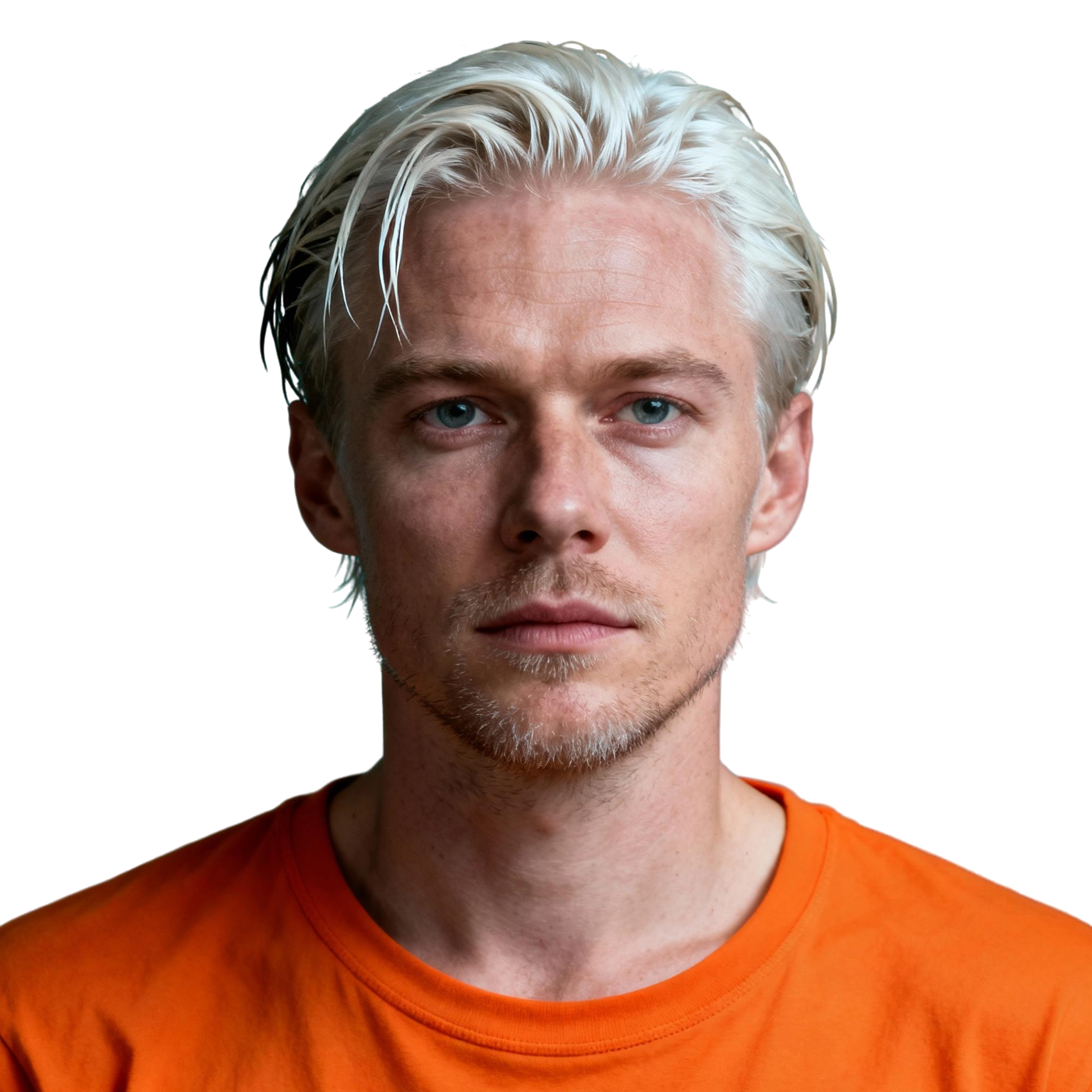 AI-generated portrait of a young man with light hair styled back and light facial hair, wearing a crewneck shirt, posed with a serious expression against a transparent background in bright studio light.