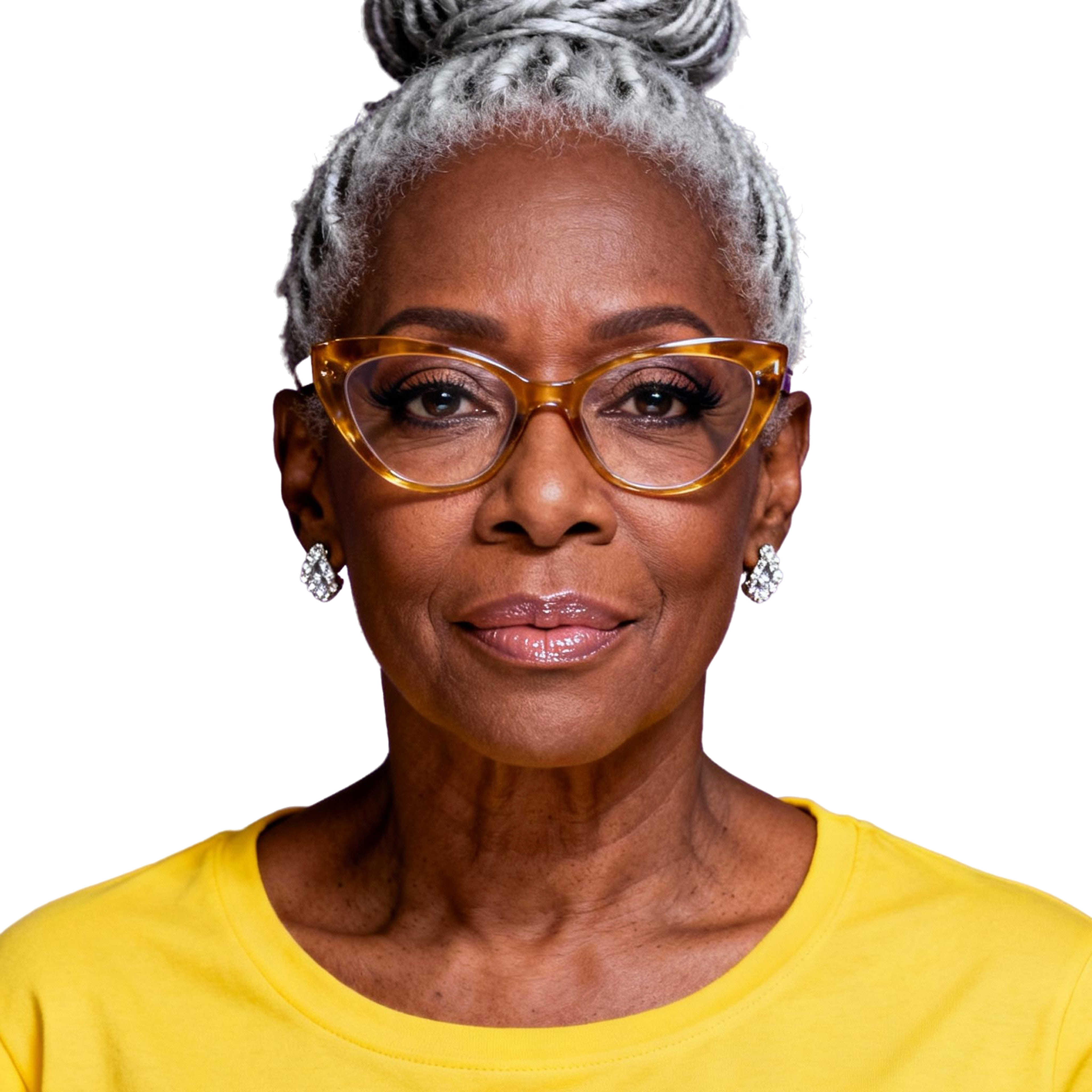 AI-generated portrait of a middle-aged woman with gray hair styled in an updo and glasses, wearing a bright top and earrings, posed with a confident expression against a transparent background in bright studio light.