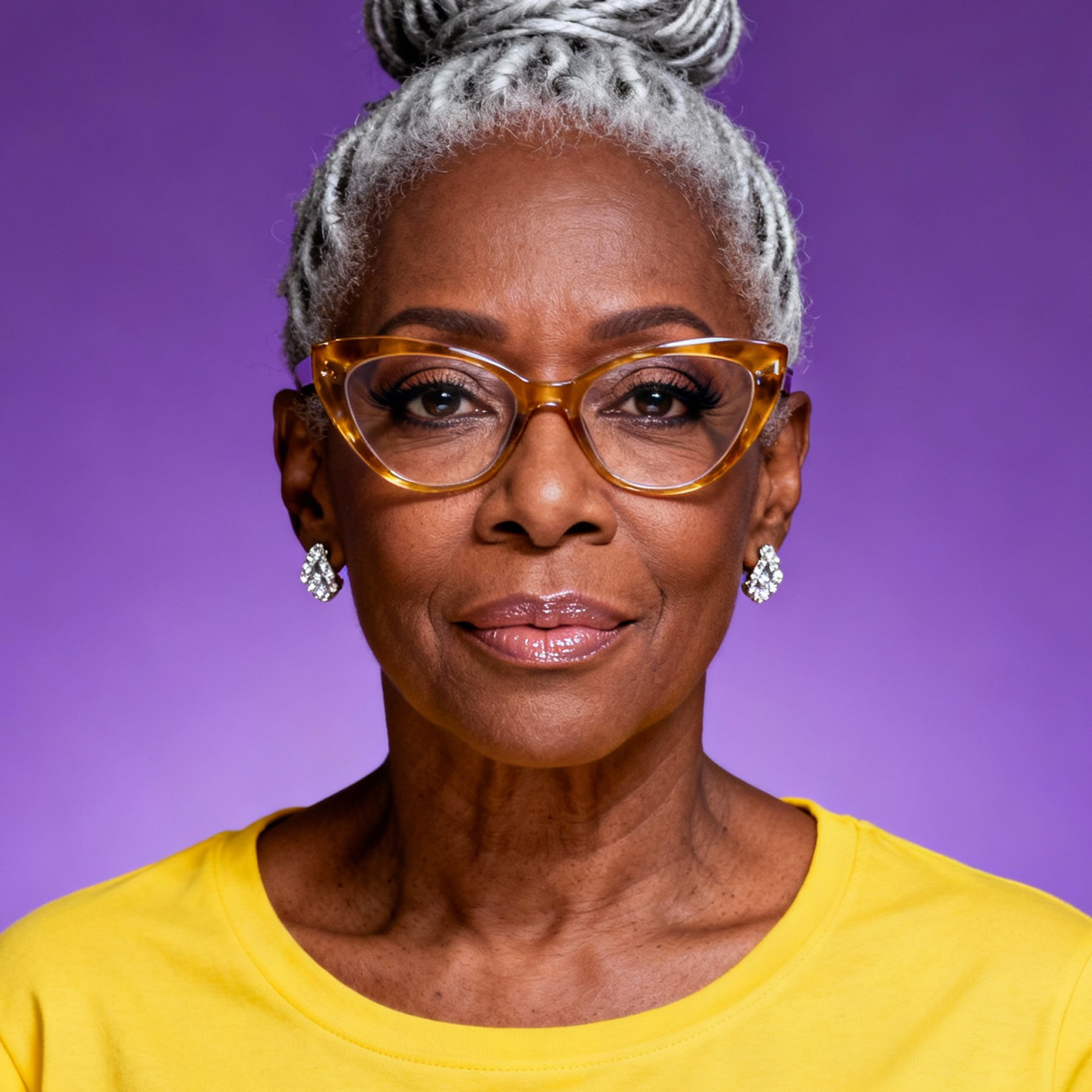 AI-generated portrait of a middle-aged woman with gray hair styled in an updo and glasses, wearing a bright top and earrings, posed with a confident expression against a purple background in bright studio light.