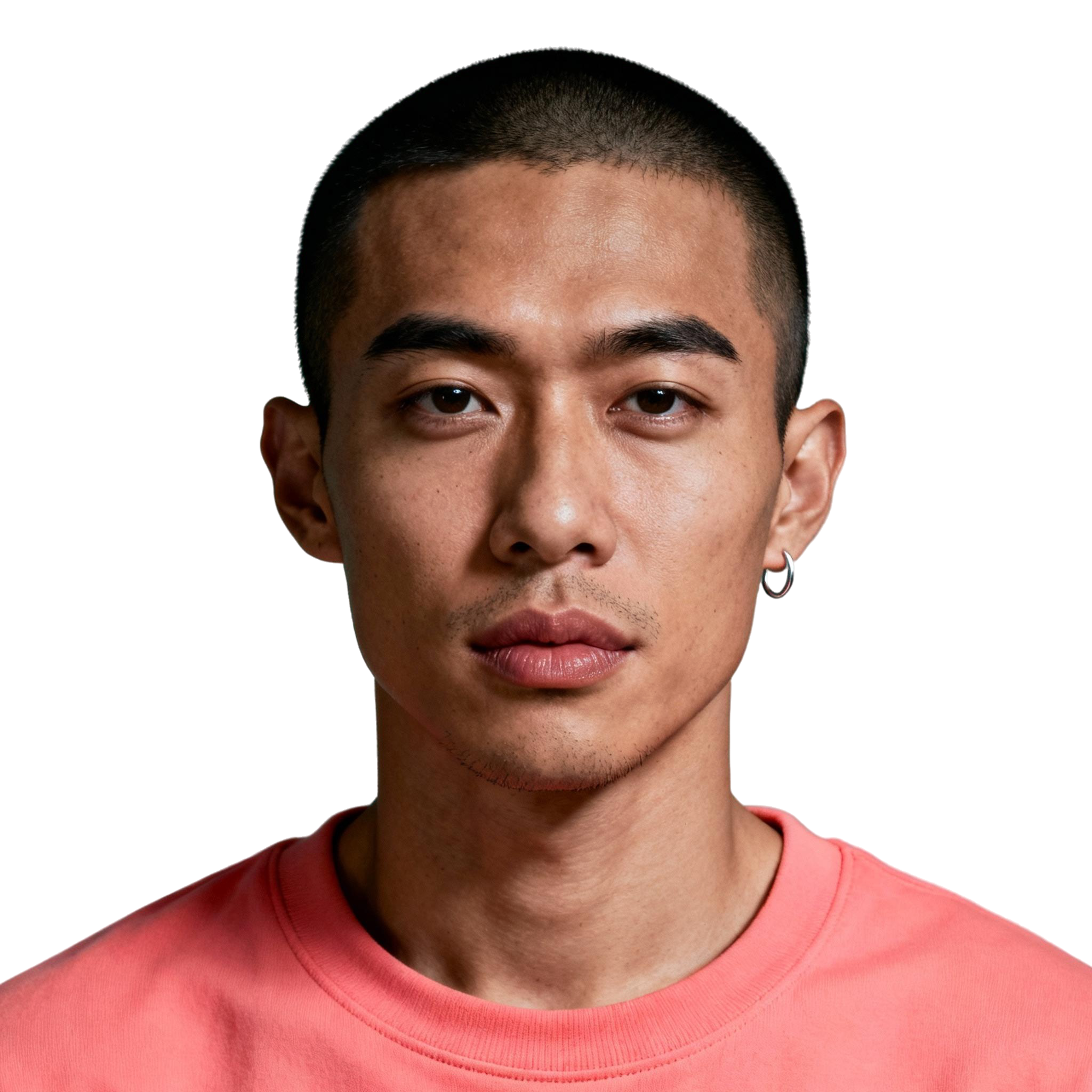 AI-generated portrait of a young man with very short hair and an earring, wearing a casual top, posed with a neutral expression against a transparent background in bright studio light.