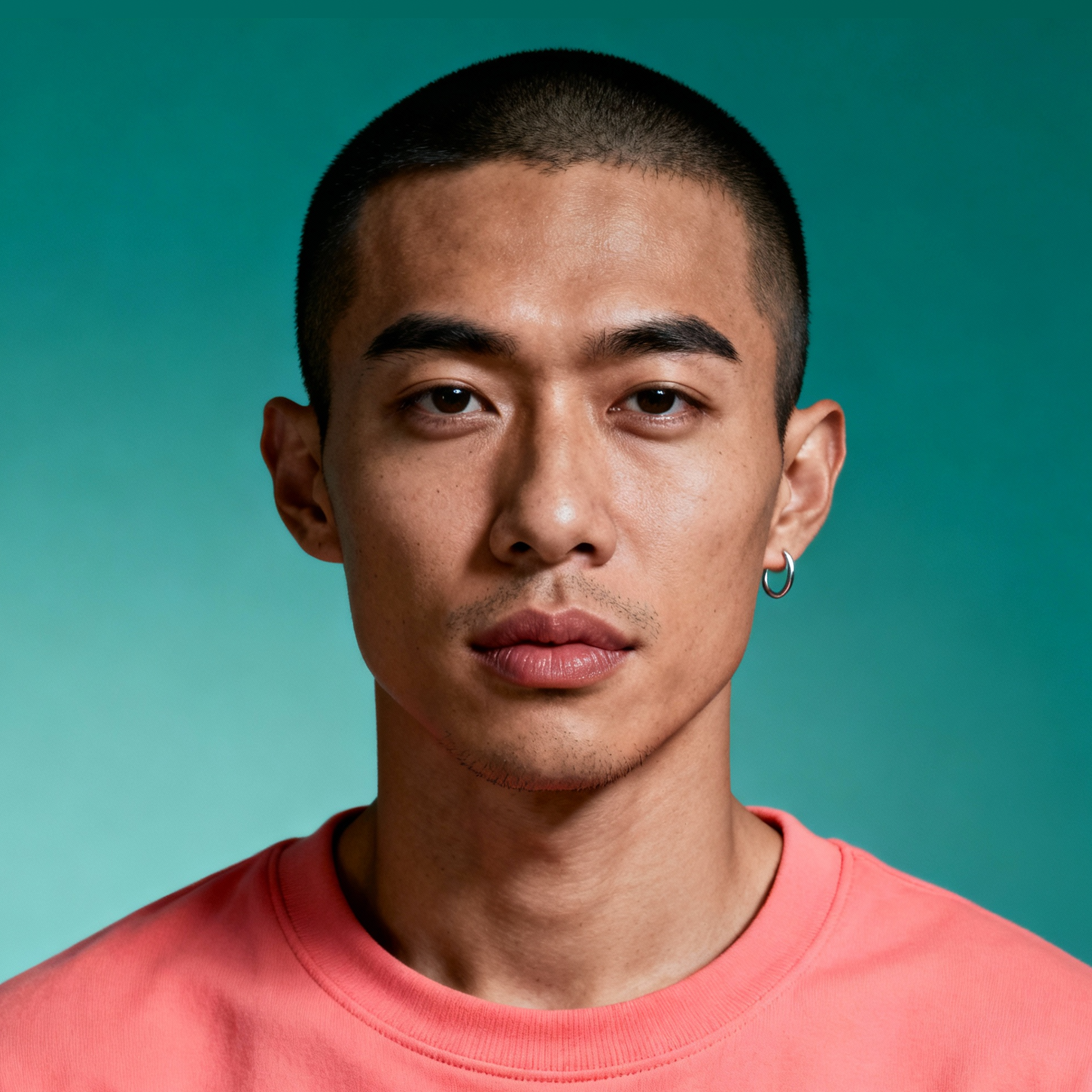 AI-generated portrait of a young man with very short hair and an earring, wearing a casual top, posed with a neutral expression against a teal gradient background in bright studio light.