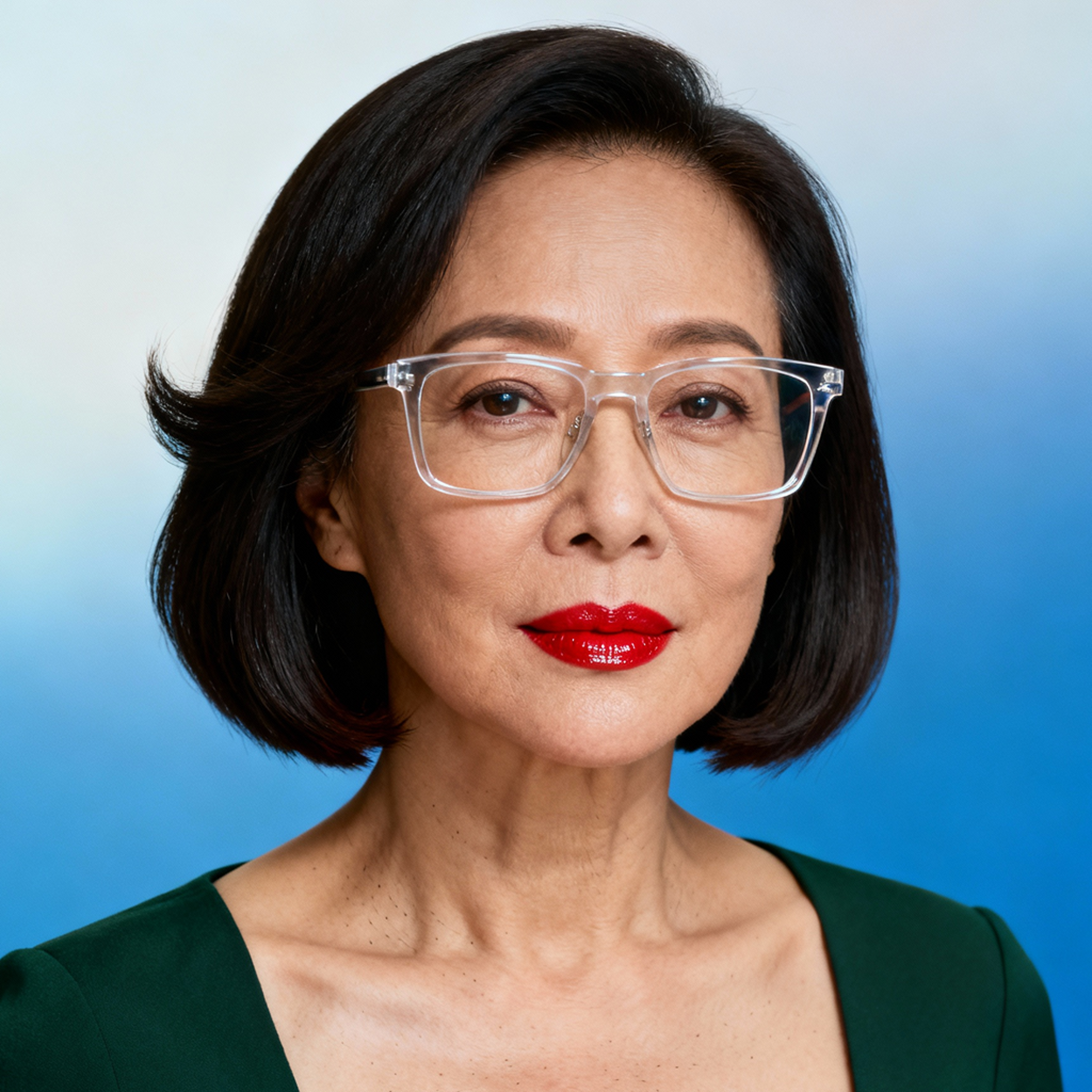 AI-generated portrait of a middle-aged woman with a short bob haircut and glasses, wearing a structured top, posed with a composed expression against a blue gradient background in bright studio light.