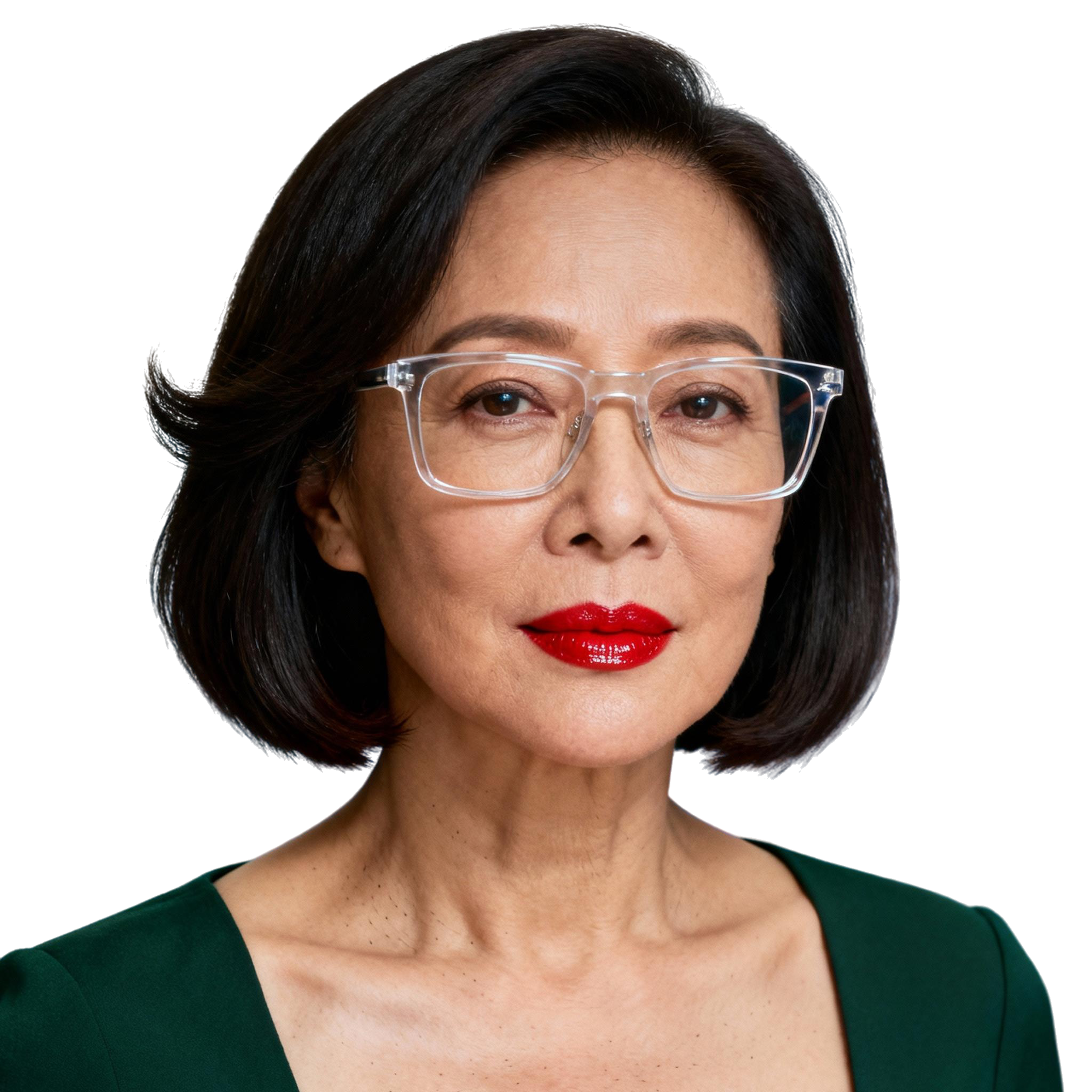 AI-generated portrait of a middle-aged woman with a short bob haircut and glasses, wearing a structured top, posed with a composed expression against a transparent background in bright studio light.