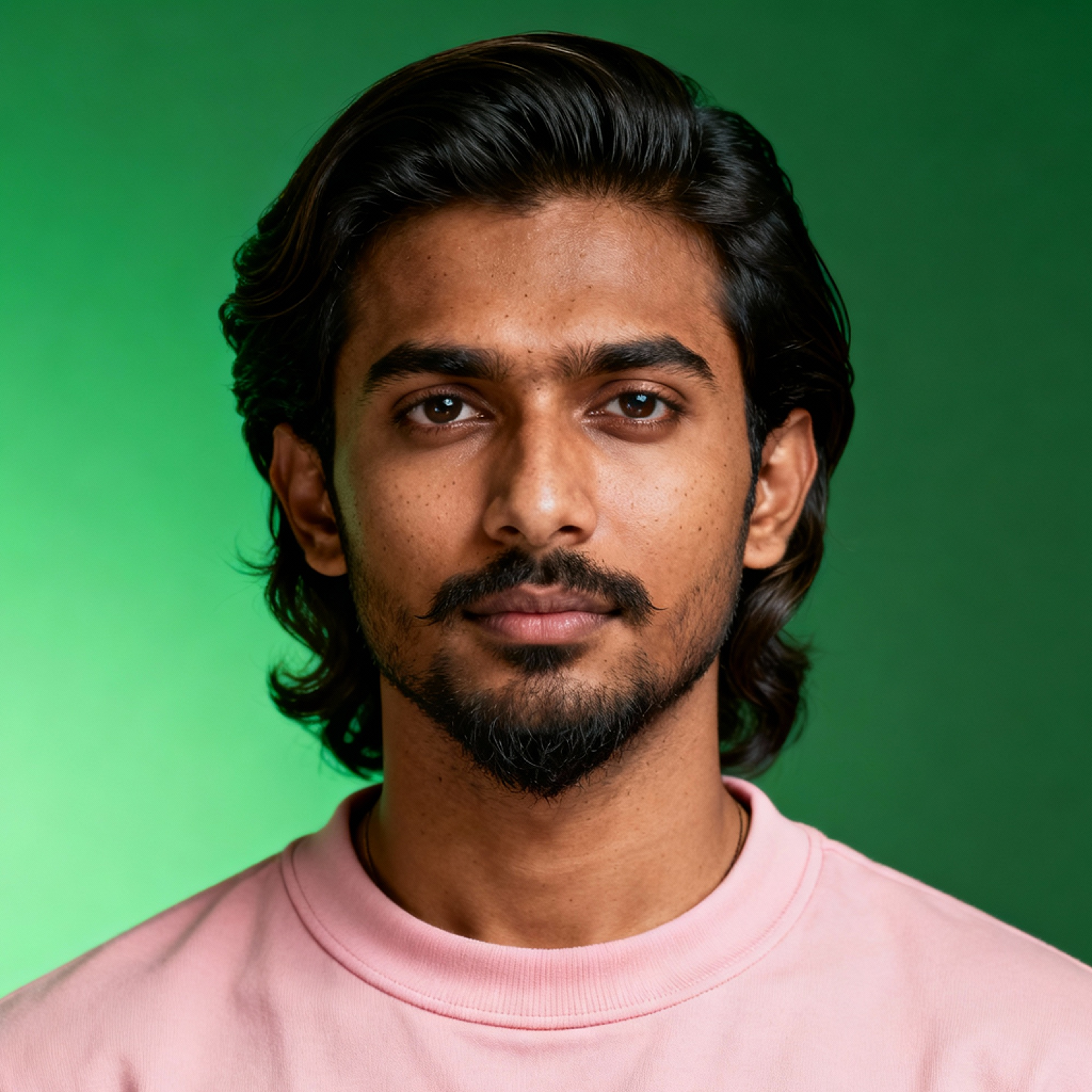 AI-generated portrait of a young man with swept-back hair and light facial hair, wearing a light pink crewneck shirt, posed with a calm expression against a green gradient background in bright studio light.