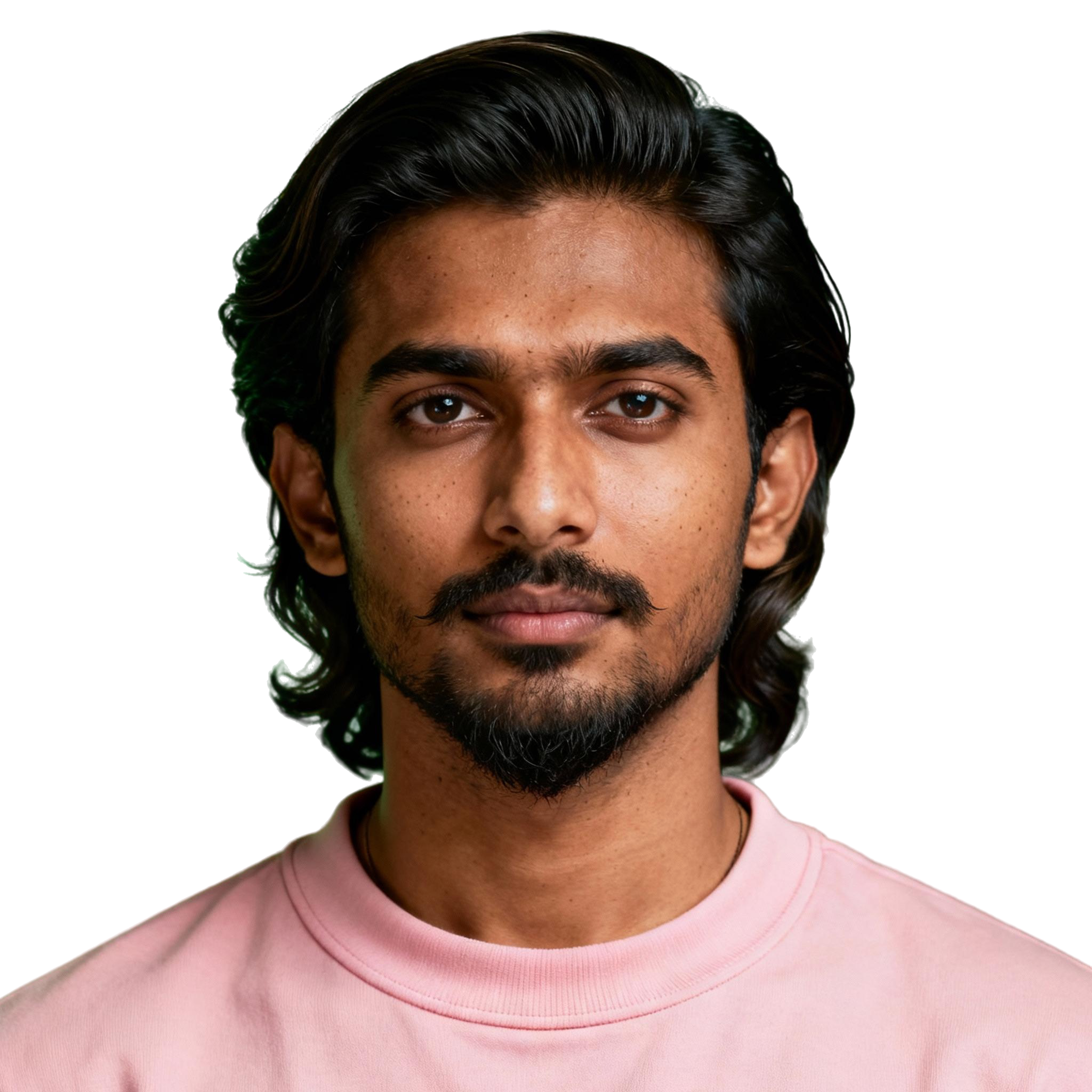AI-generated portrait of a young man with swept-back hair and light facial hair, wearing a light pink crewneck shirt, posed with a calm expression against a transparent background in bright studio light.