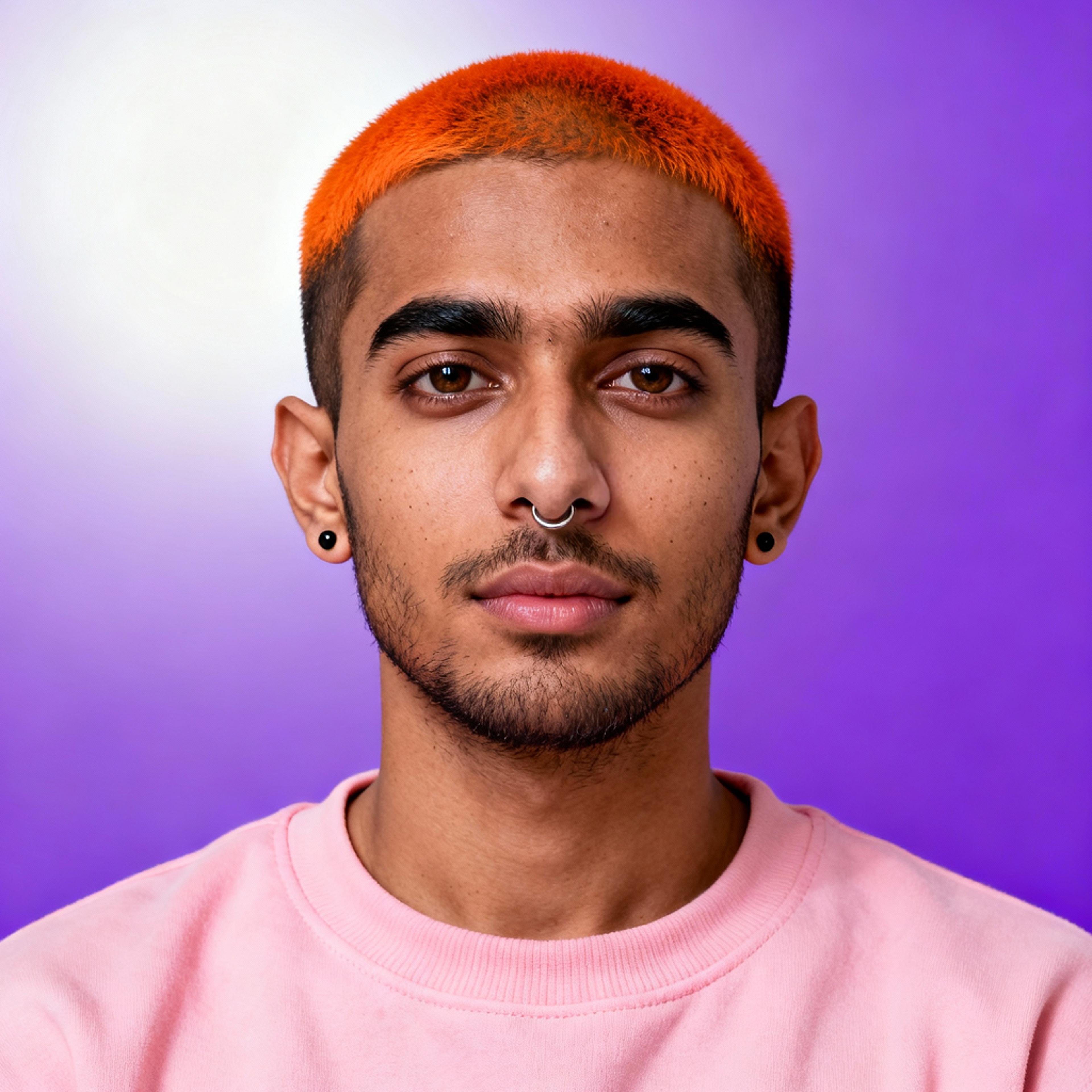 AI-generated portrait of a young man with very short hair and a dyed top, wearing a pink crewneck shirt and a nose ring, posed with a neutral expression against a purple gradient background in bright studio light.
