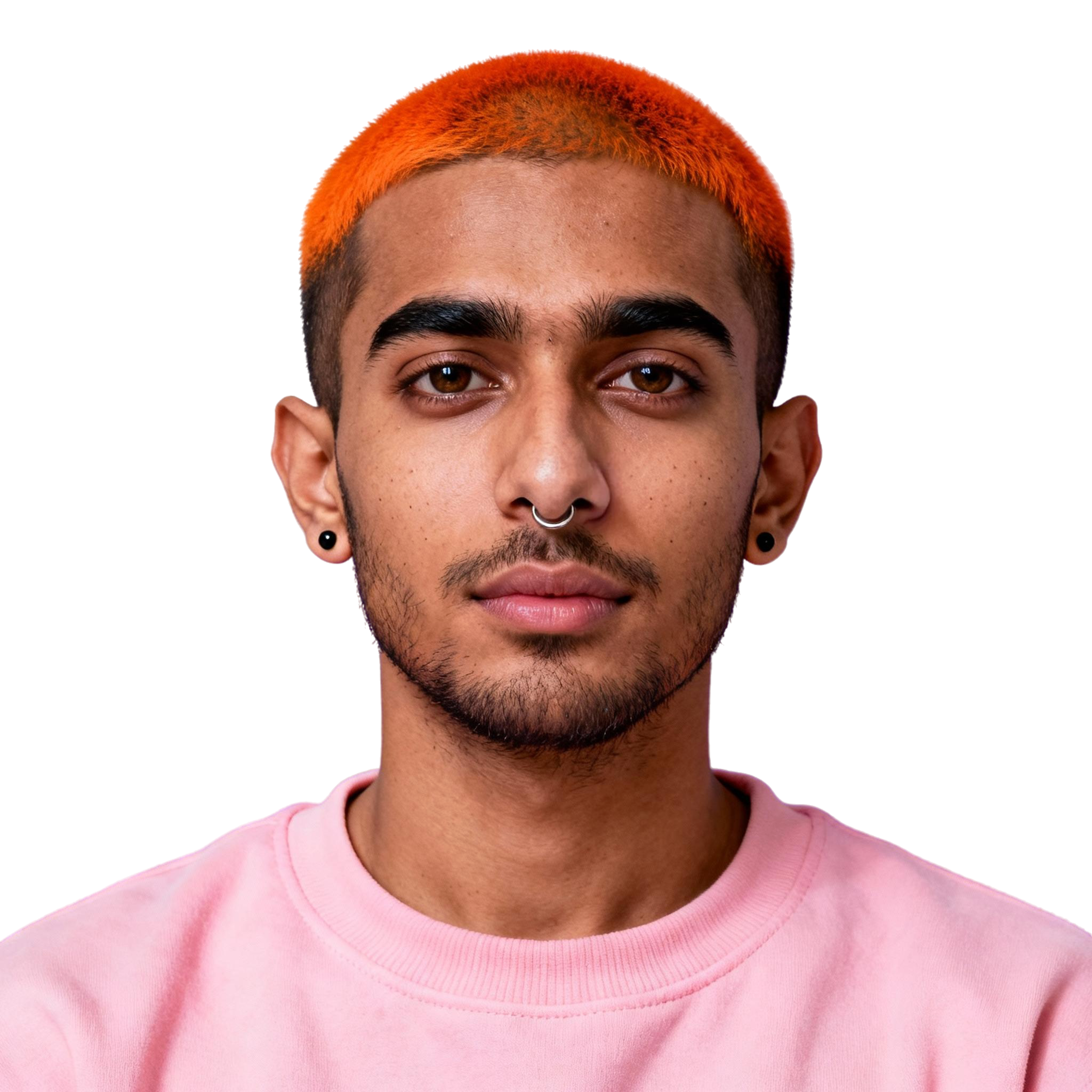 AI-generated portrait of a young man with very short hair and a dyed top, wearing a pink crewneck shirt and a nose ring, posed with a neutral expression against a transparent background in bright studio light.