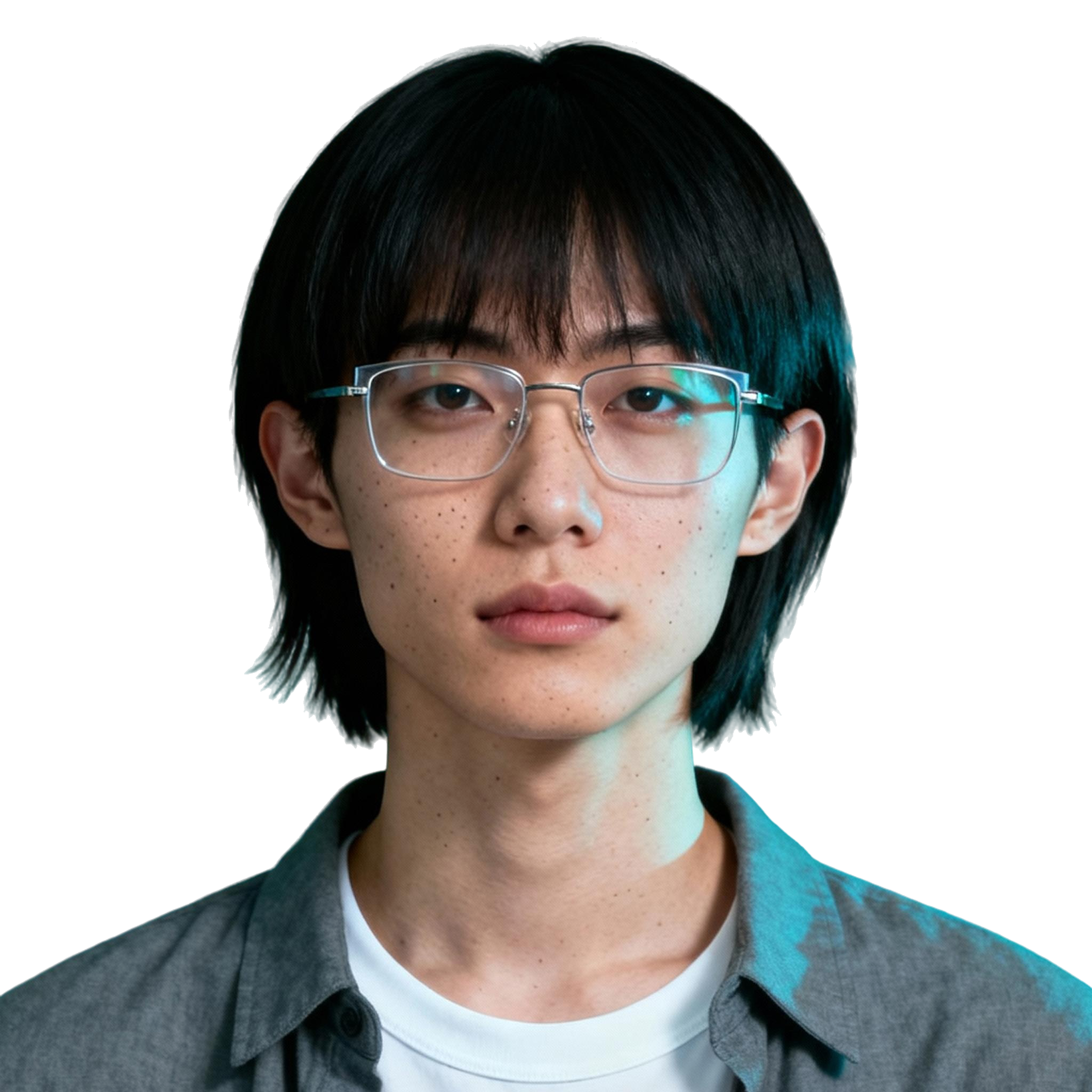 AI-generated portrait of a young woman with short straight hair and glasses, wearing a casual button-up shirt, posed with a neutral expression against a transparent background in cool studio lighting.