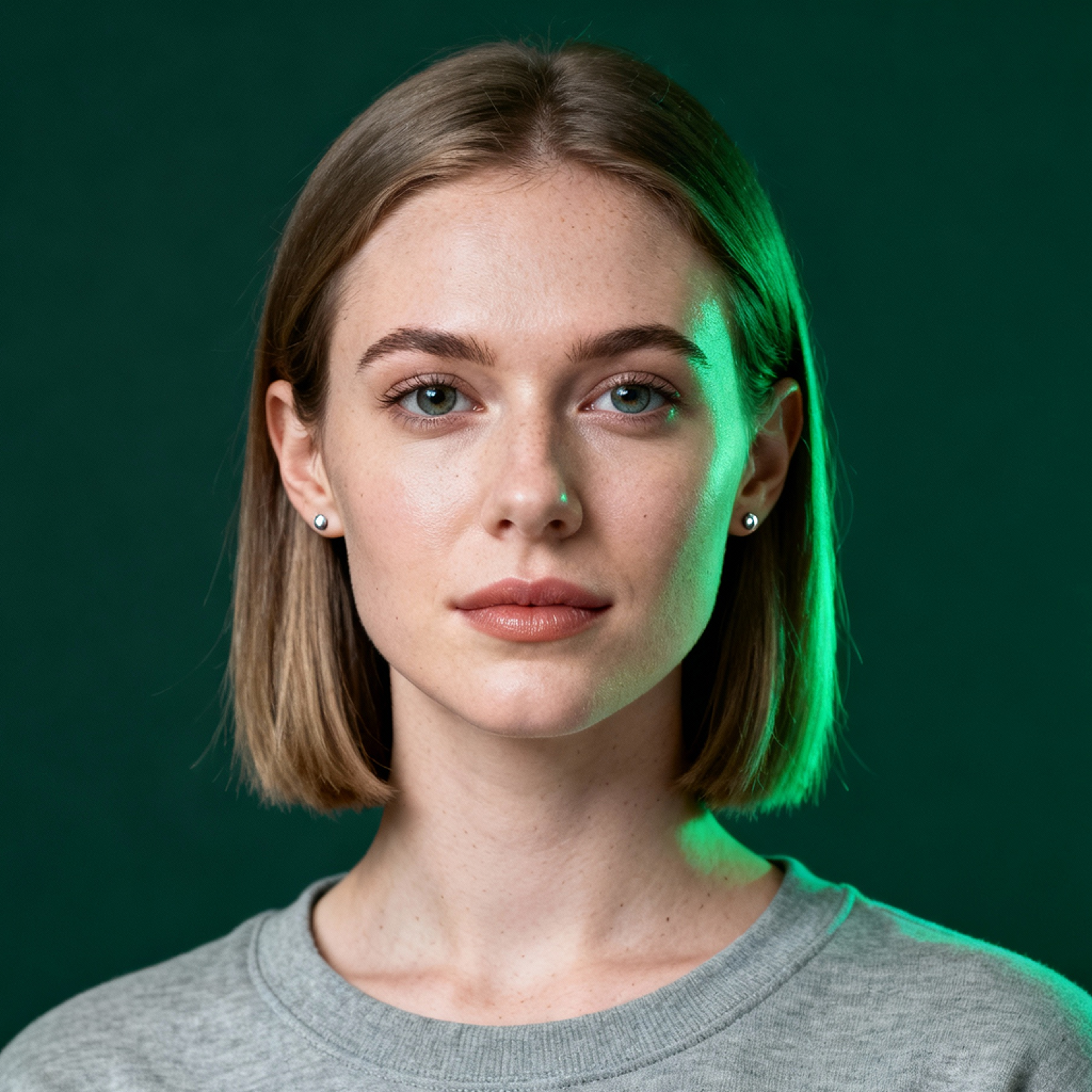AI-generated portrait of a young woman with straight shoulder-length hair, wearing a simple crewneck shirt, posed with a neutral expression against a dark green background in cool studio lighting.