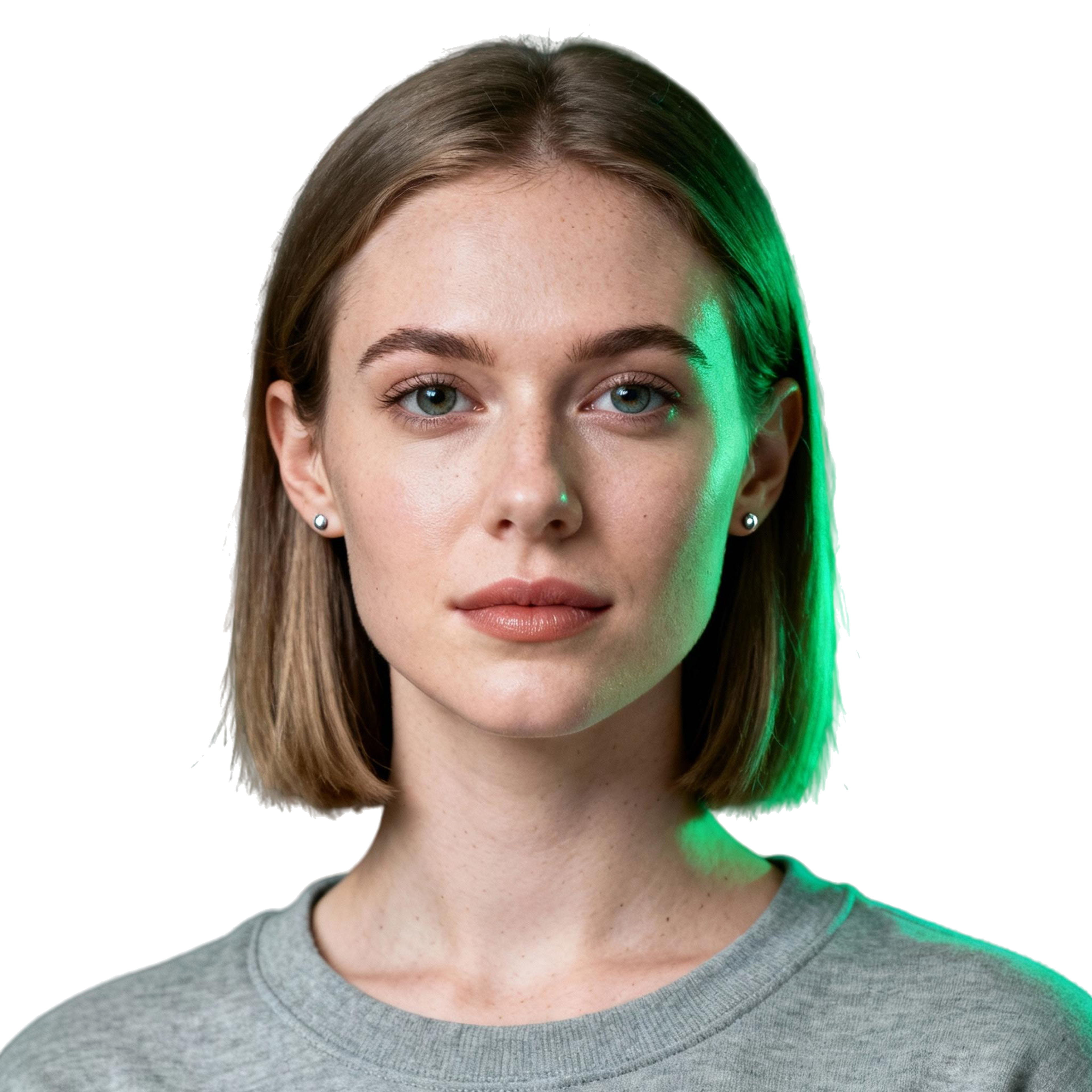 AI-generated portrait of a young woman with straight shoulder-length hair, wearing a simple crewneck shirt, posed with a neutral expression against a transparent background in cool studio lighting.