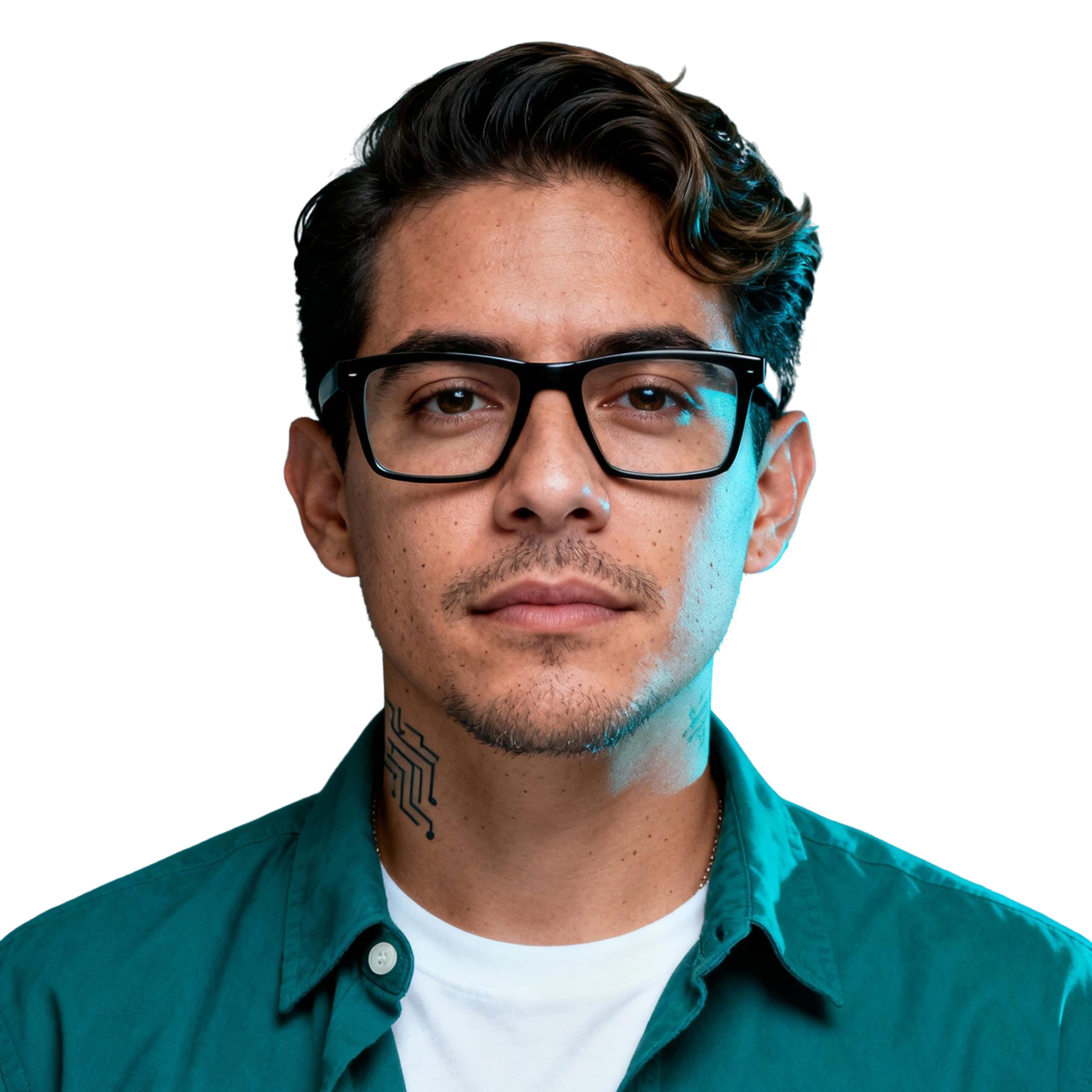 AI-generated portrait of a young man with short styled hair and glasses, wearing a casual button-up shirt, posed with a neutral expression against a transparent background in cool studio lighting.