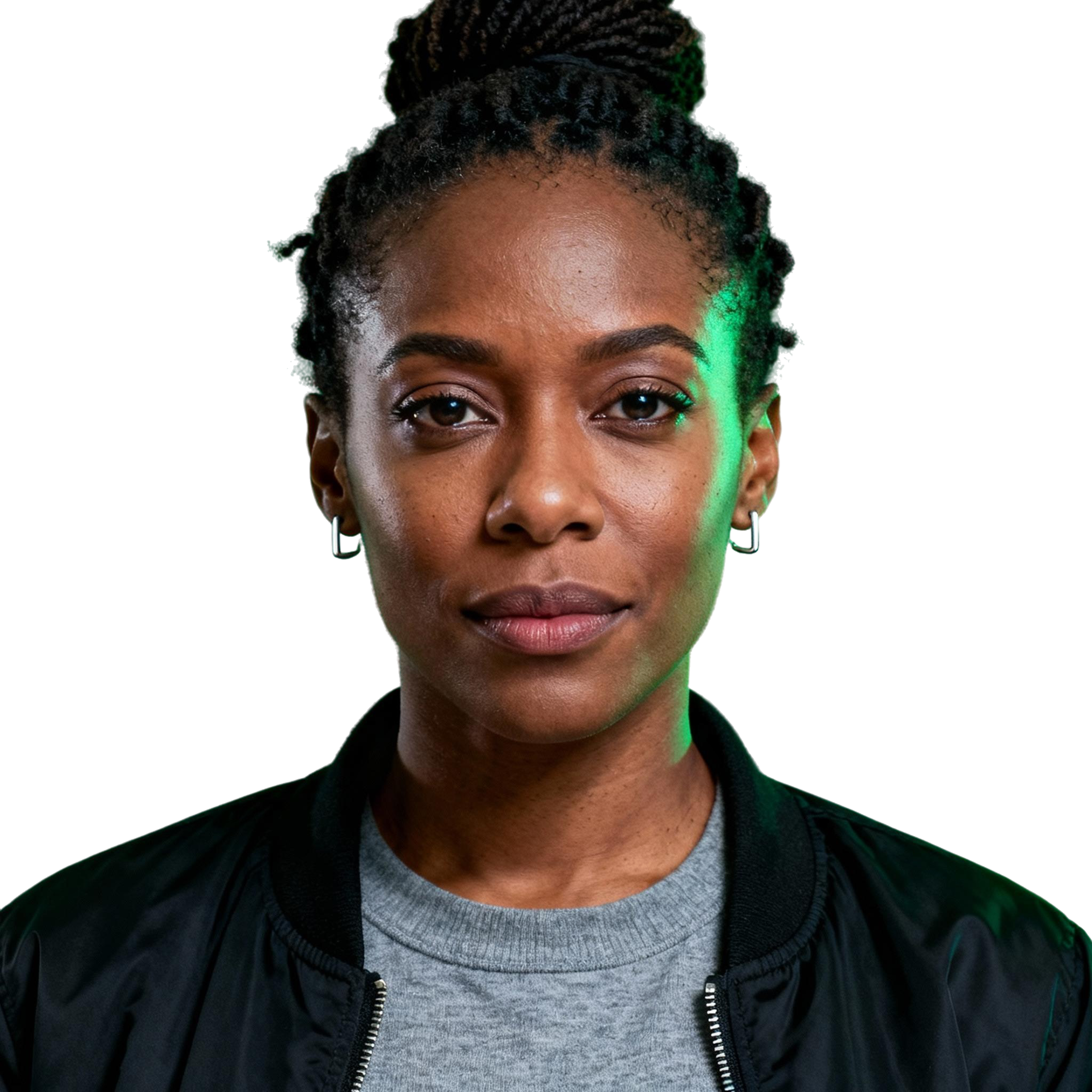 AI-generated portrait of a young woman with hair pulled into a high bun, wearing a casual jacket and top, posed with a neutral expression against a transparent background in cool studio lighting.