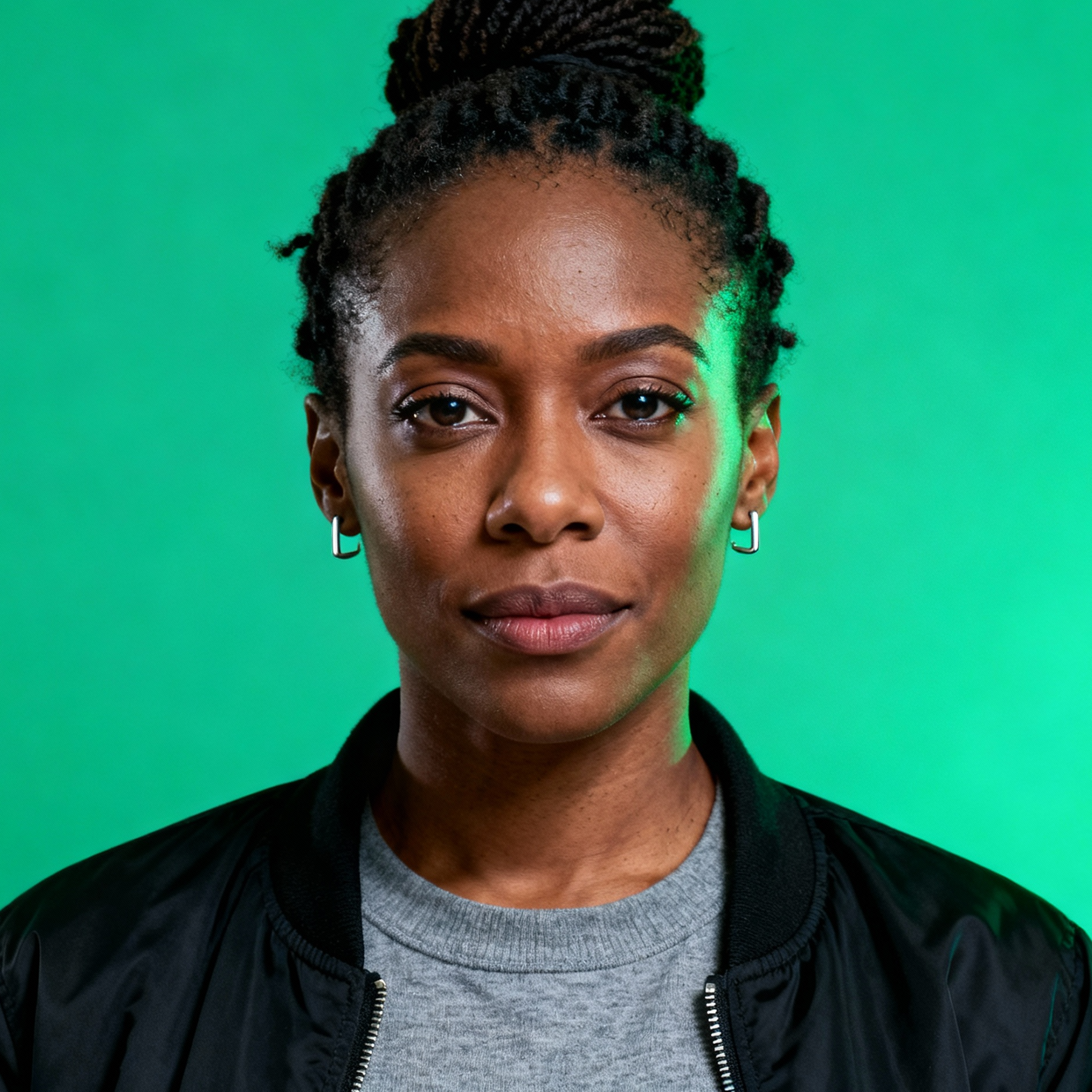 AI-generated portrait of a young woman with hair pulled into a high bun, wearing a casual jacket and top, posed with a neutral expression against a green background in cool studio lighting.