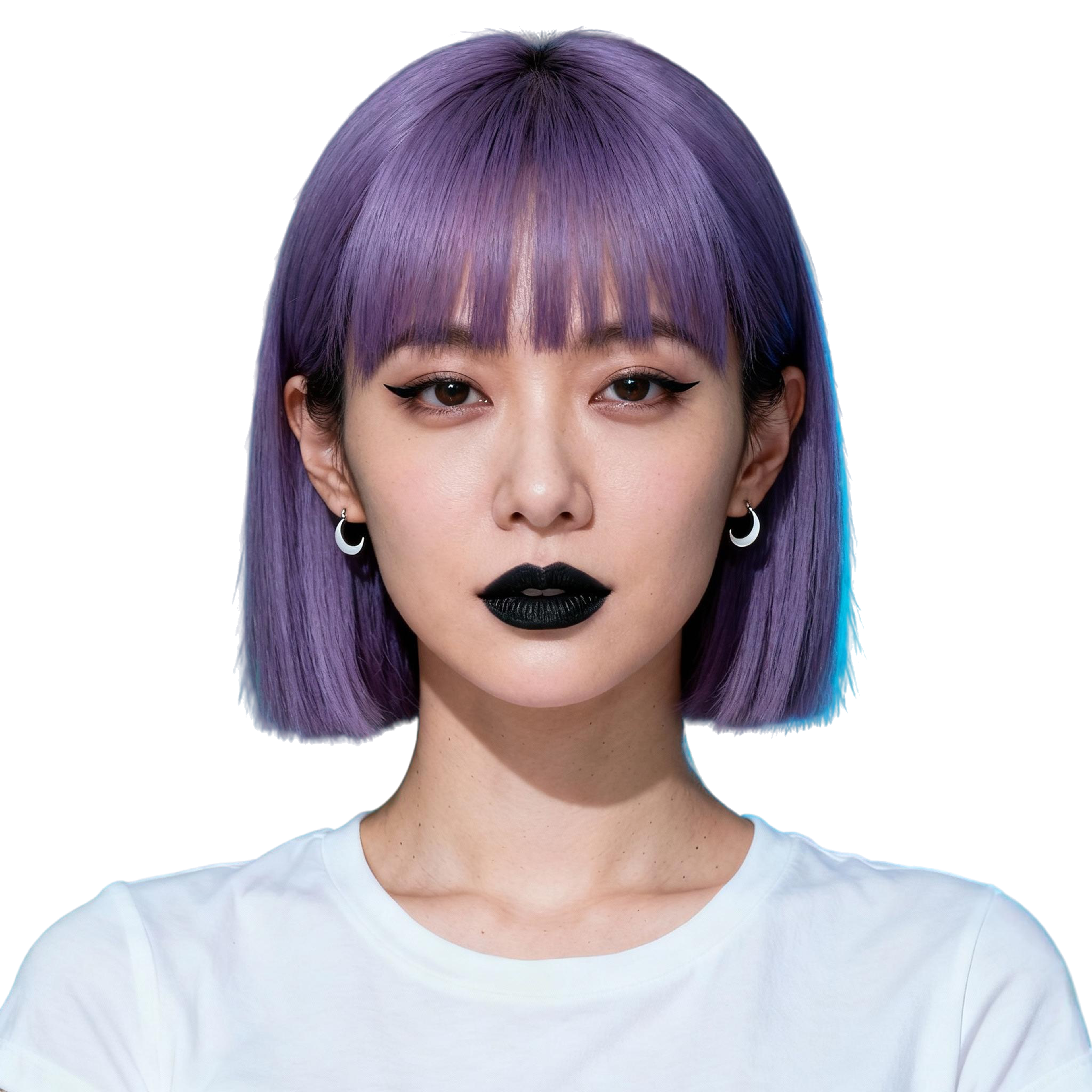 AI-generated portrait of a young woman with a purple bob haircut and straight bangs, wearing a white t-shirt and hoop earrings, posed with a neutral expression against a transparent background in cool studio lighting.