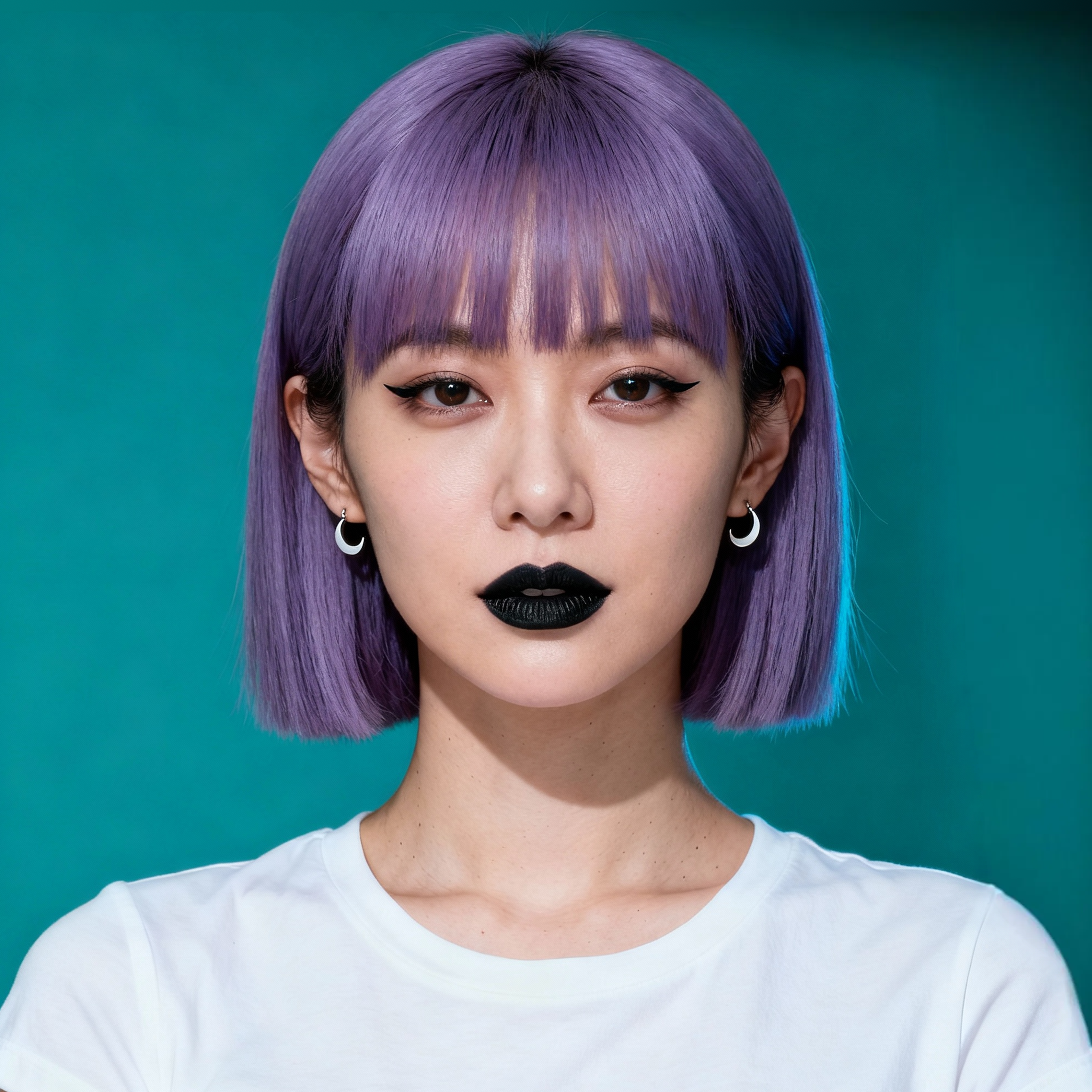 AI-generated portrait of a young woman with a purple bob haircut and straight bangs, wearing a white t-shirt and hoop earrings, posed with a neutral expression against a teal background in cool studio lighting.