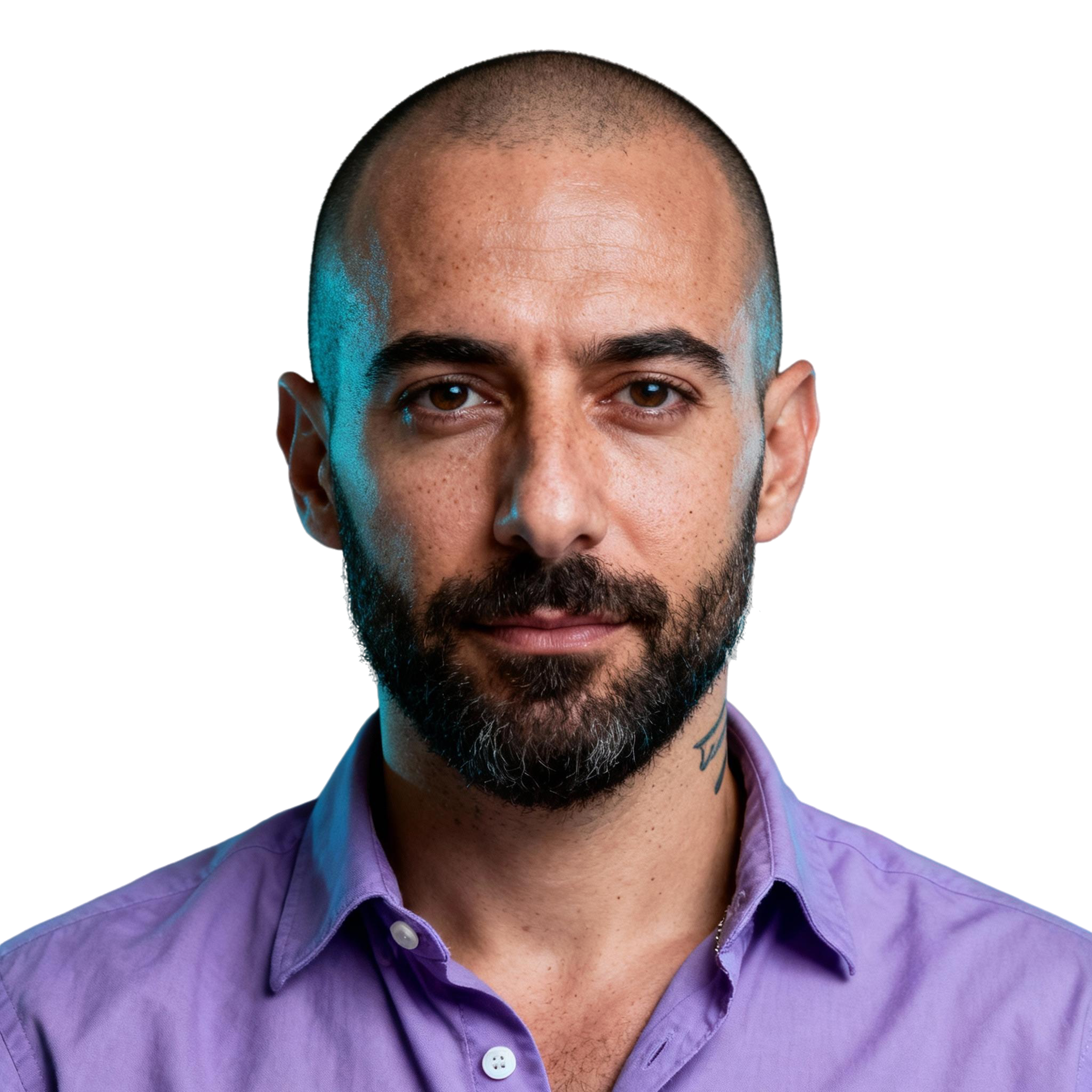 AI-generated portrait of a middle-aged man with a shaved head and full beard, wearing a button-up shirt, posed with a calm expression against a transparent background in cool studio lighting.