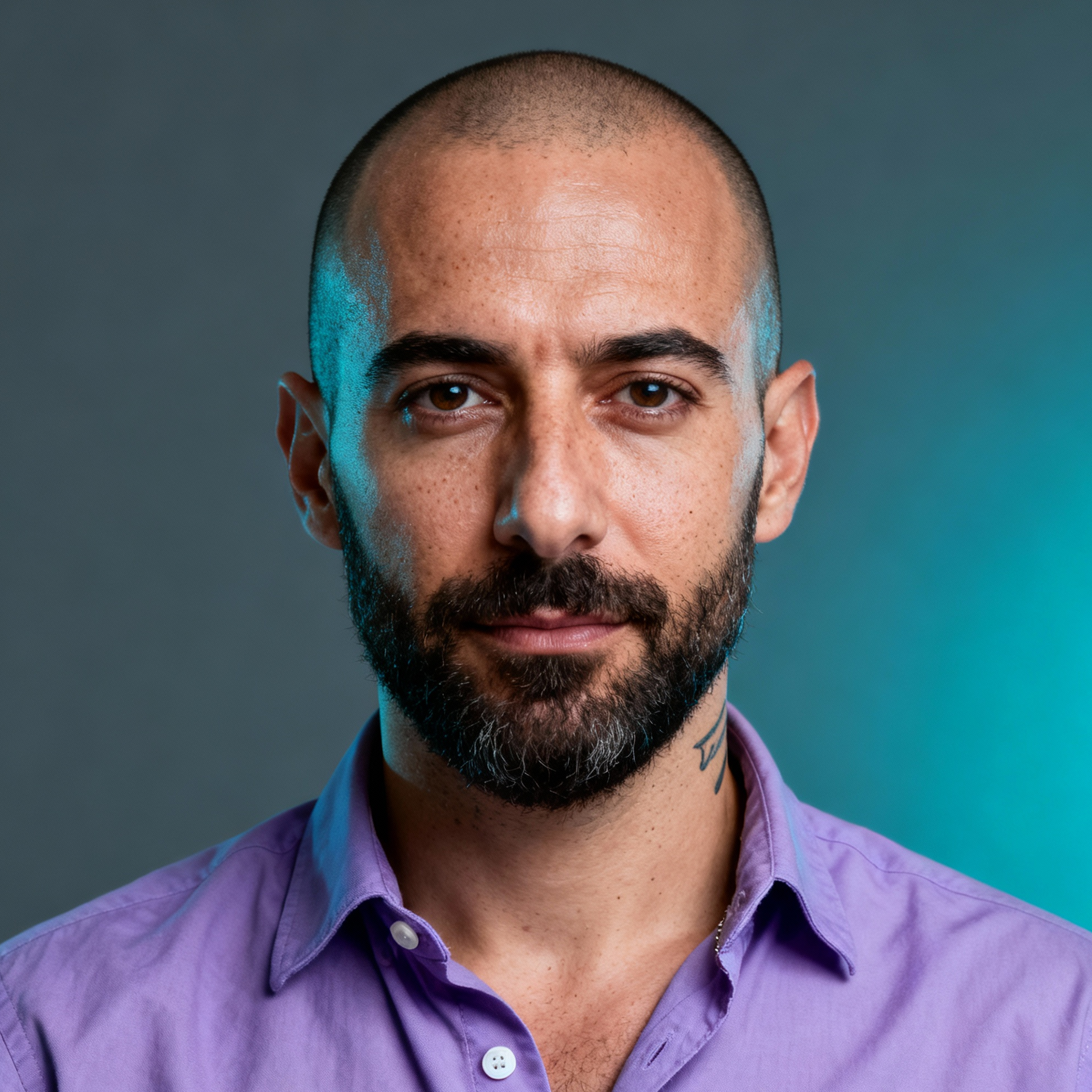 AI-generated portrait of a middle-aged man with a shaved head and full beard, wearing a button-up shirt, posed with a calm expression against a muted gray-teal background in cool studio lighting.