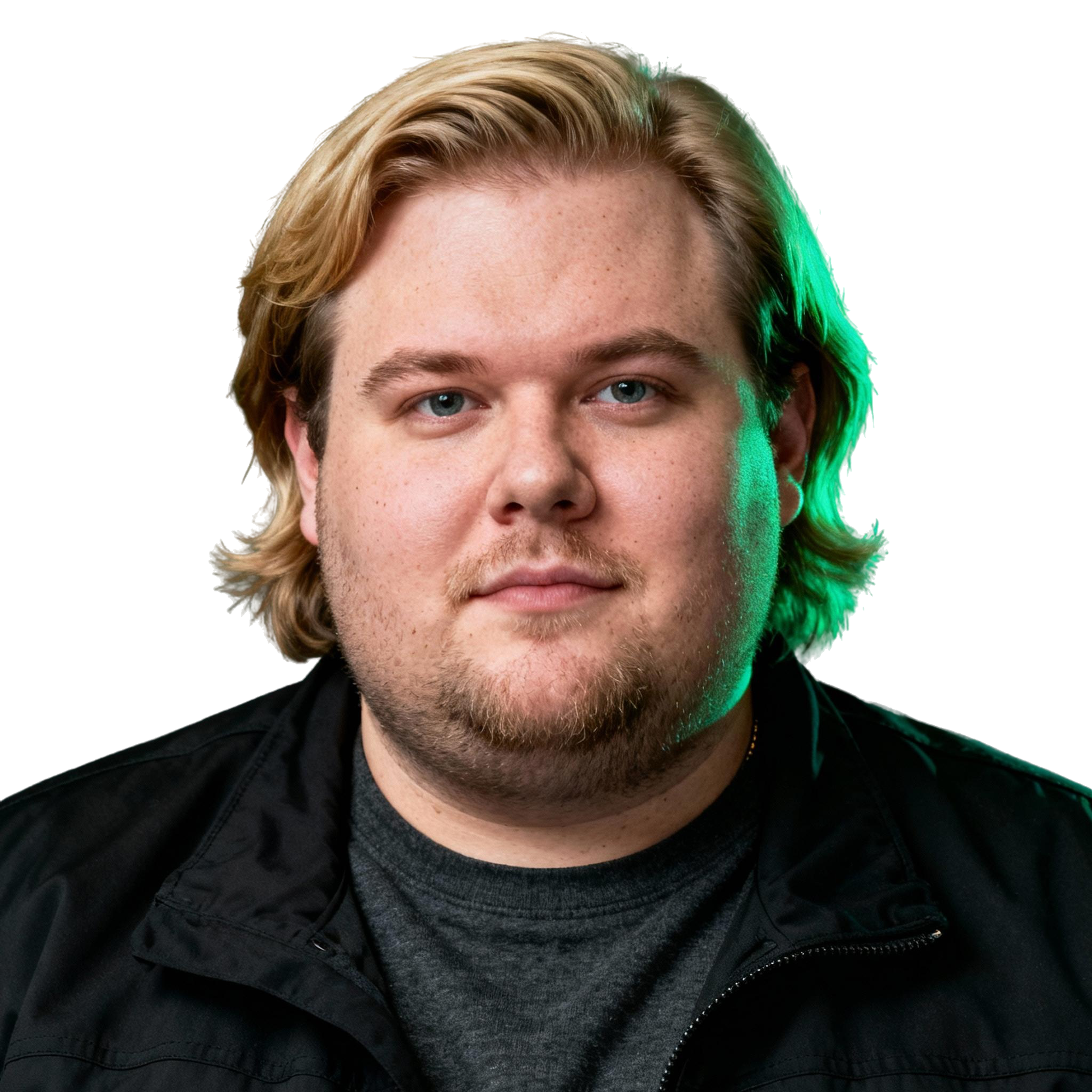 AI-generated portrait of a young man with medium-length blond hair and light facial hair, wearing a casual jacket over a t-shirt, posed with a neutral expression against a transparent background in cool studio lighting.
