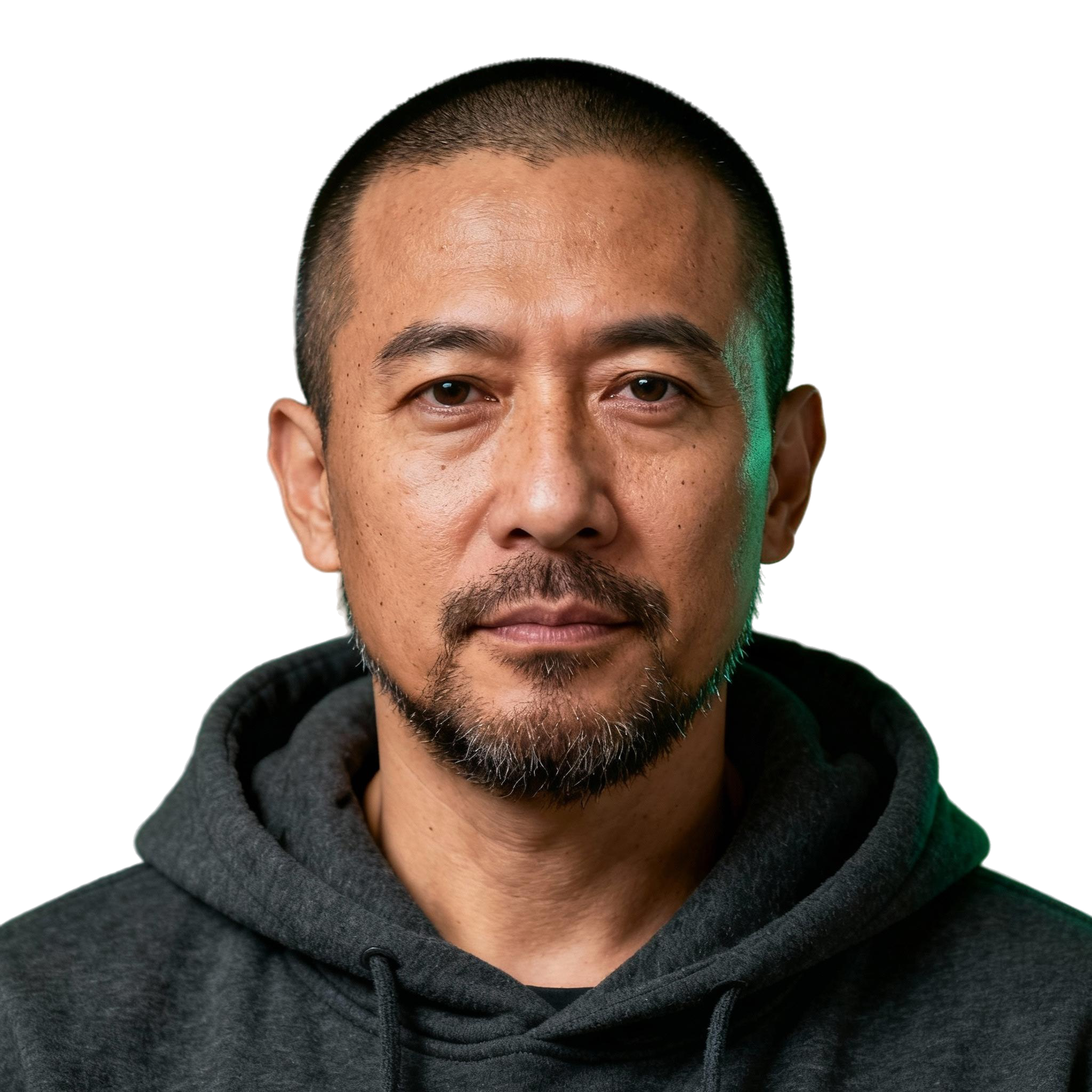 AI-generated portrait of a middle-aged man with closely cropped hair and a short beard, wearing a hoodie, posed with a neutral expression against a transparent background in cool studio lighting.