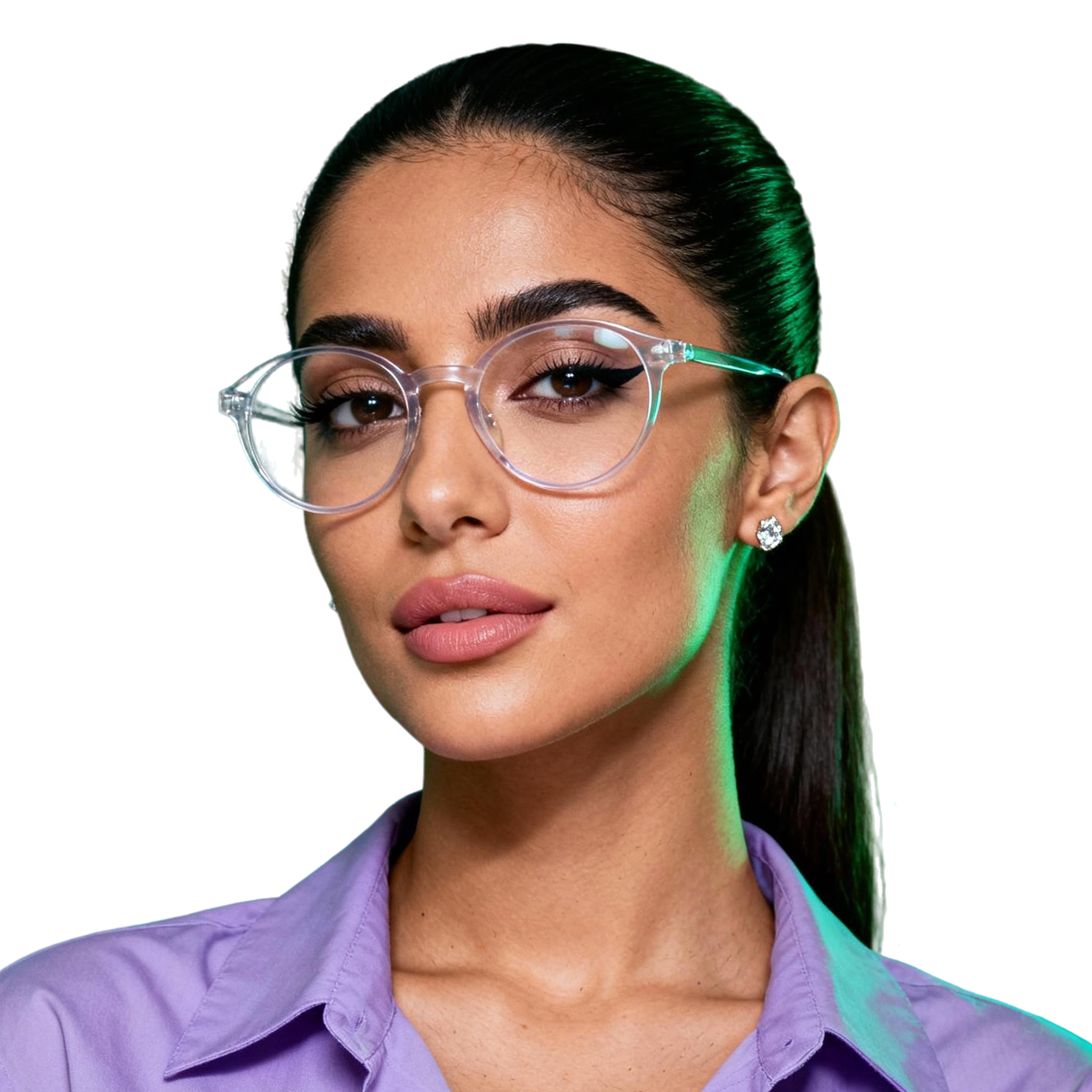 AI-generated portrait of a young woman with long hair pulled back and clear-framed glasses, wearing a collared shirt, posed with a calm expression against a transparent background in cool studio lighting.