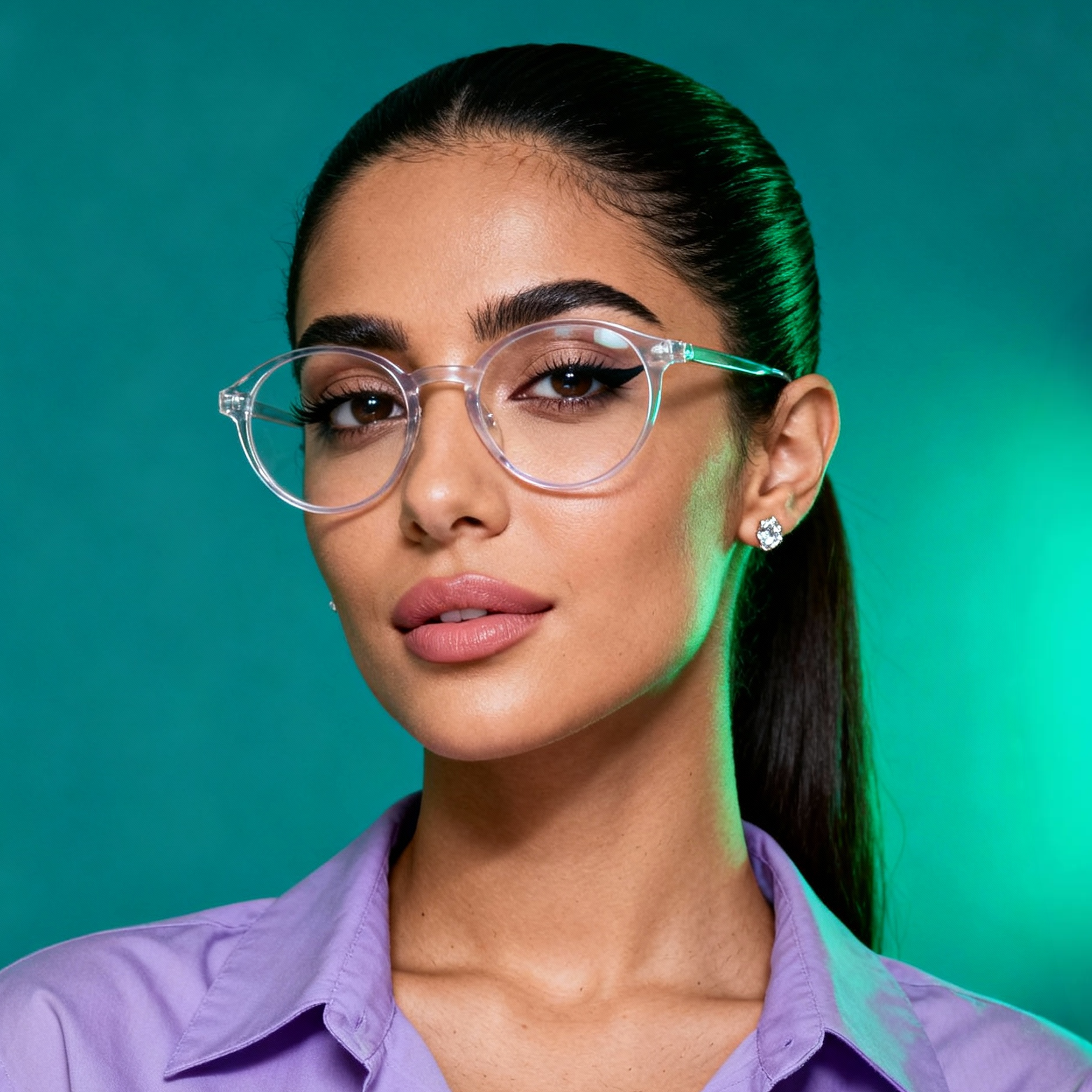 AI-generated portrait of a young woman with long hair pulled back and clear-framed glasses, wearing a collared shirt, posed with a calm expression against a teal background in cool studio lighting.