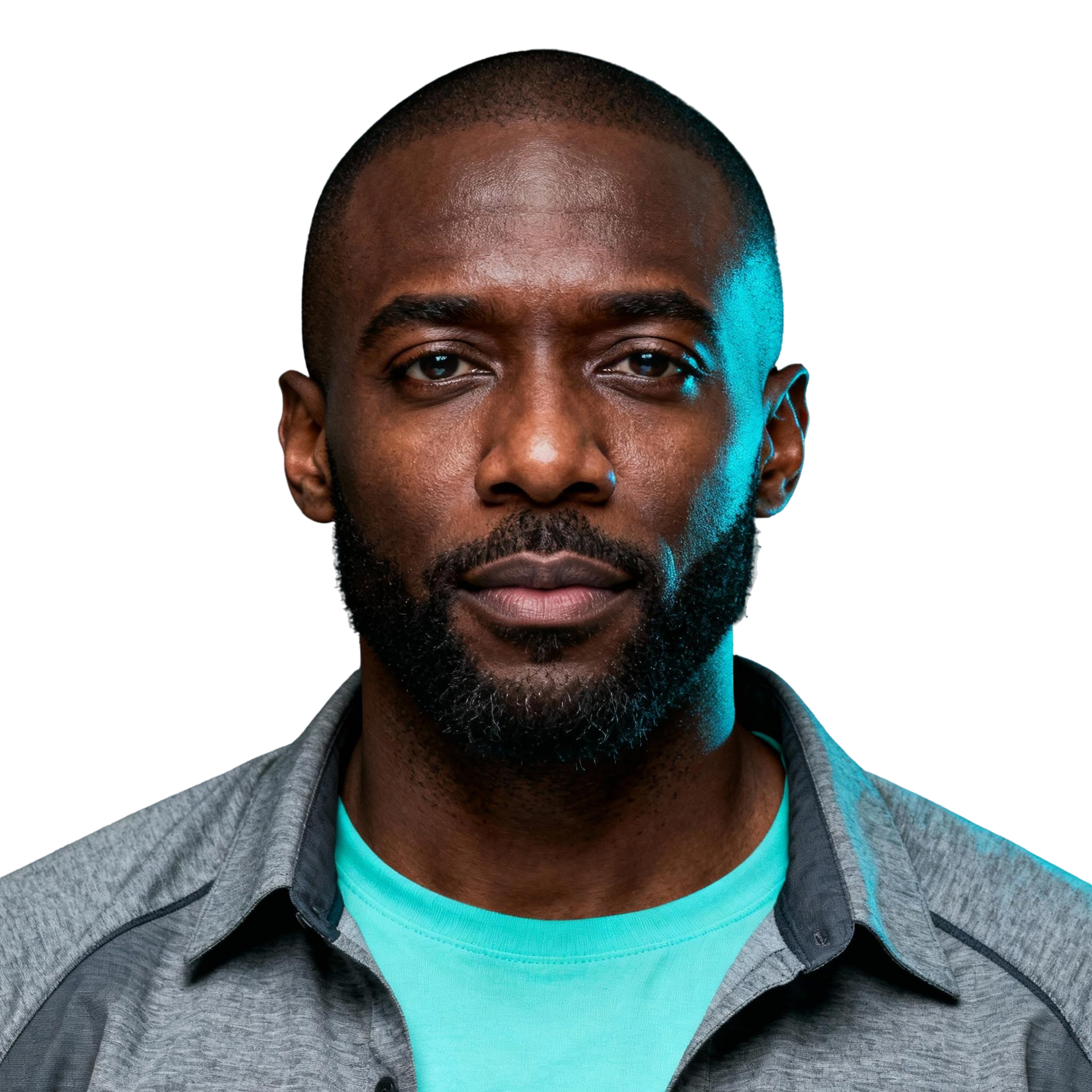 AI-generated portrait of a middle-aged man with a shaved head and short beard, wearing a casual jacket and t-shirt, posed with a neutral expression against a transparent background in cool studio lighting.