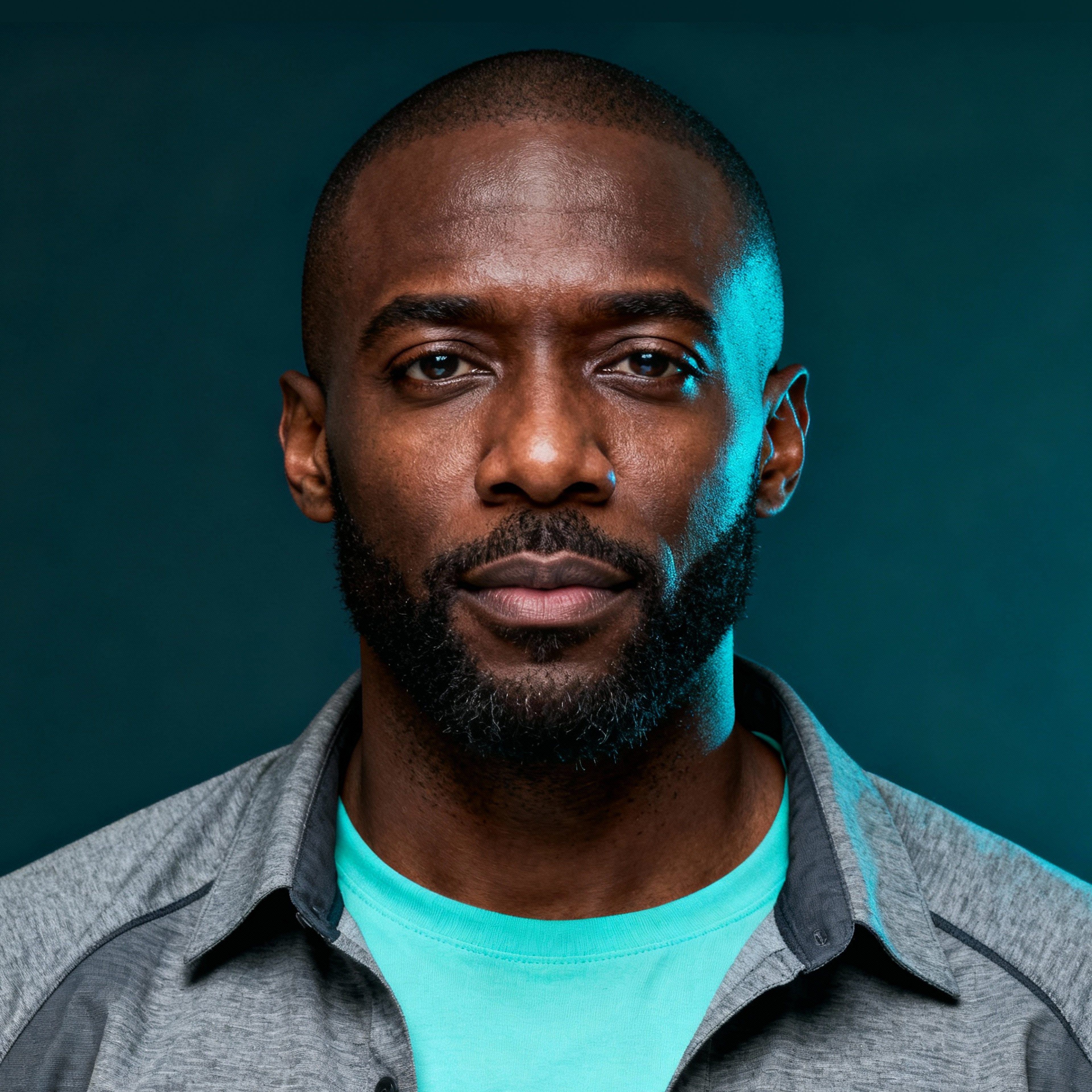 AI-generated portrait of a middle-aged man with a shaved head and short beard, wearing a casual jacket and t-shirt, posed with a neutral expression against a dark teal background in cool studio lighting.