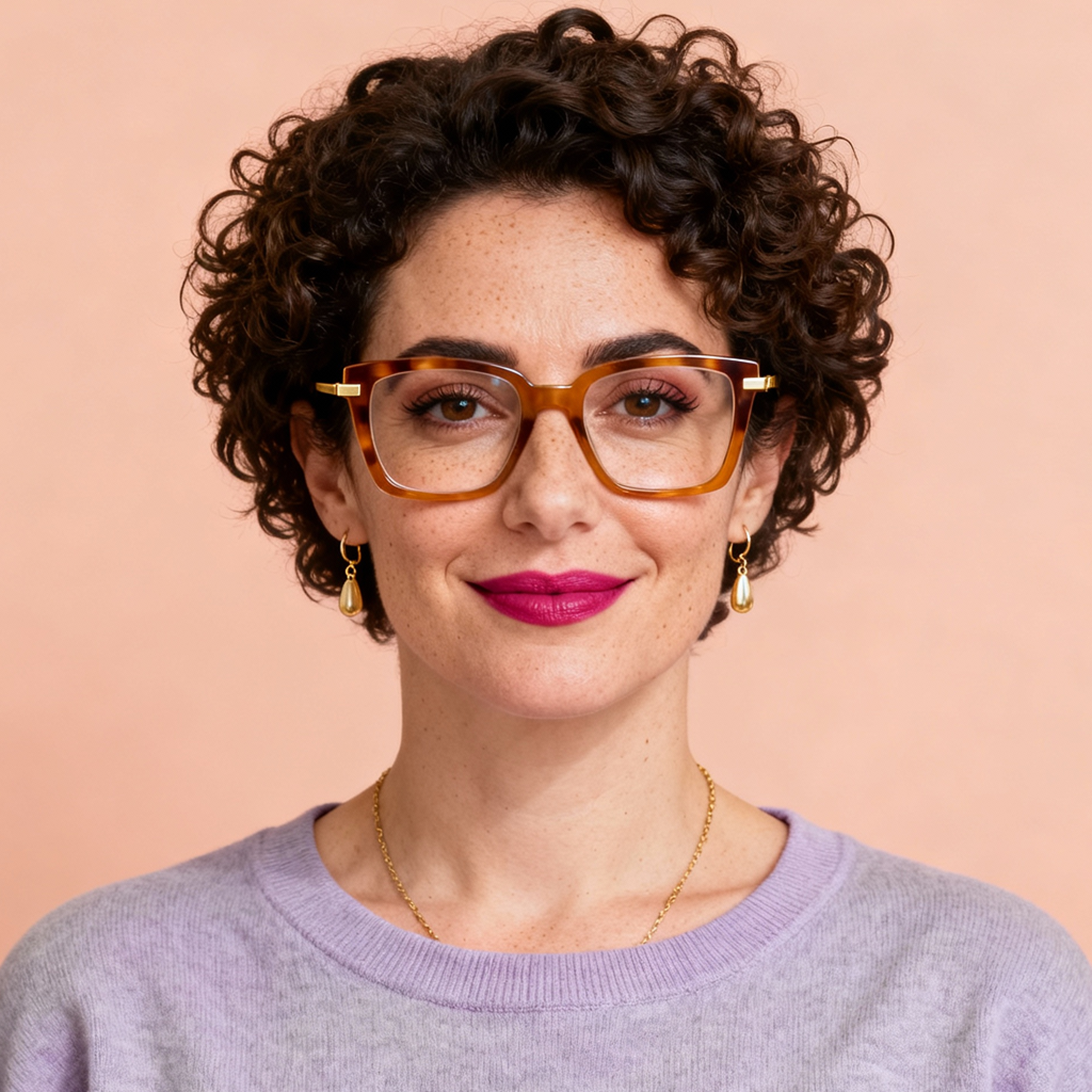 AI-generated portrait of a young woman with short curly hair and glasses, wearing a knit sweater, posed with a calm expression against a warm pastel background in soft light.