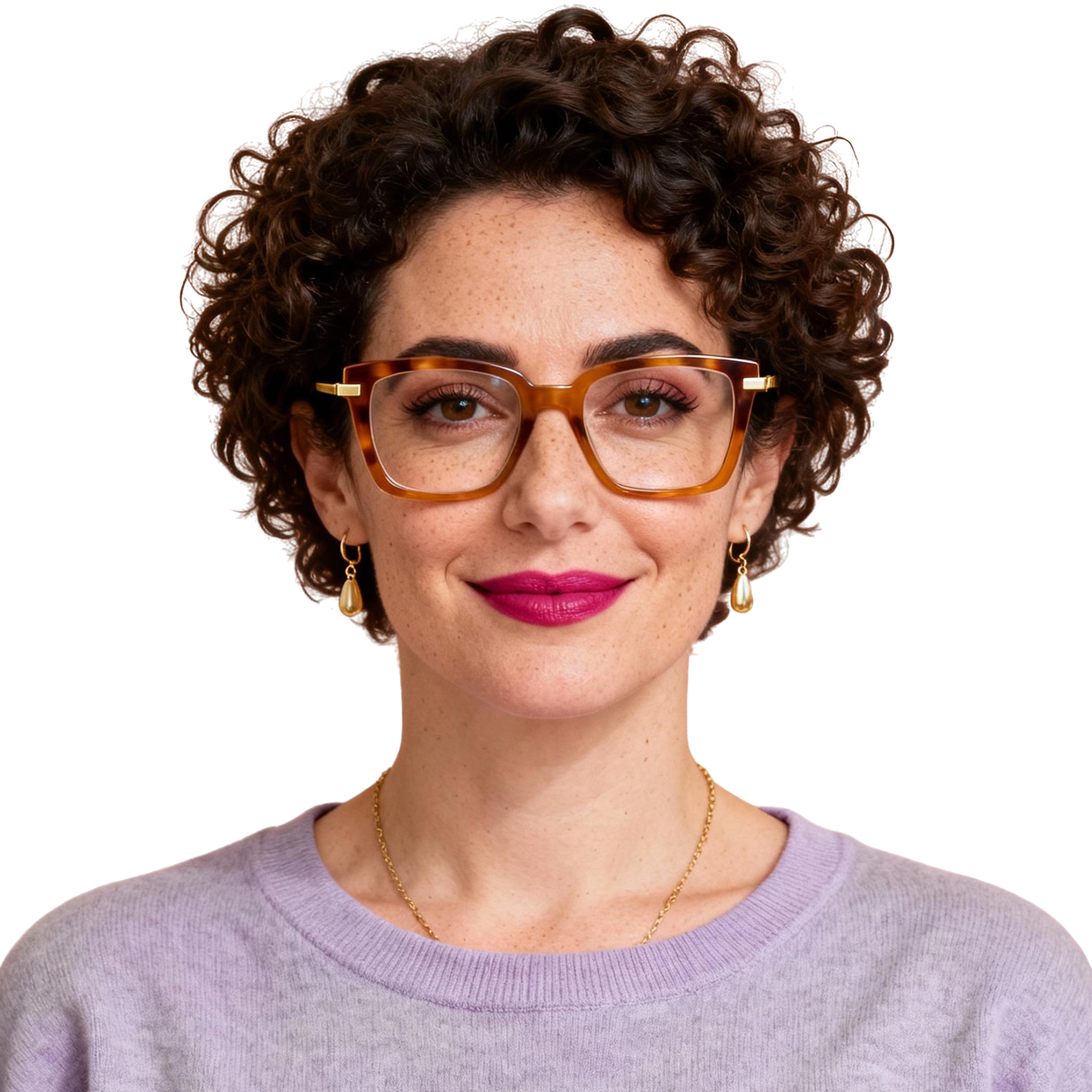 AI-generated portrait of a young woman with short curly hair and glasses, wearing a knit sweater, posed with a calm expression against a transparent background in soft light.