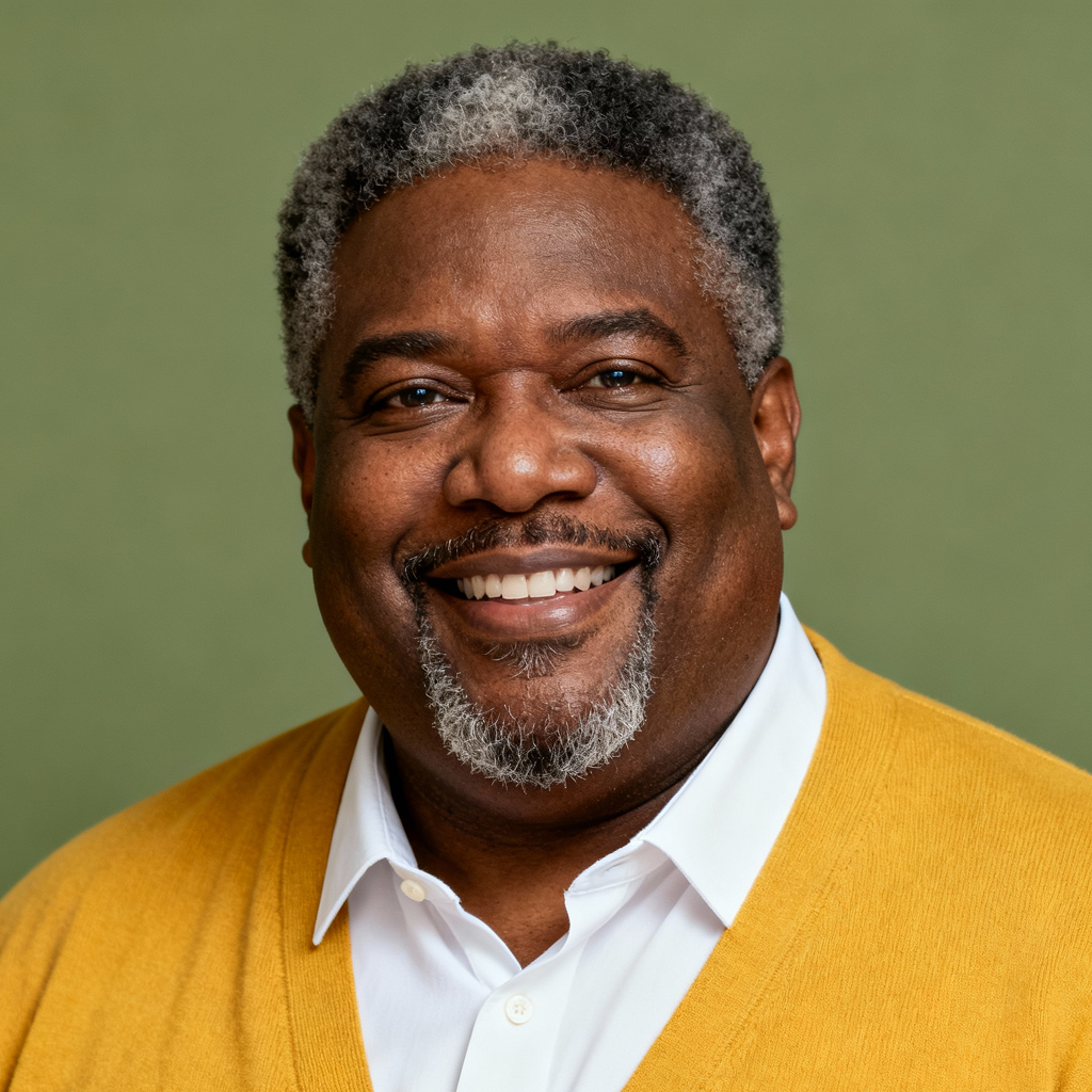 AI-generated portrait of a middle-aged man with short hair and a trimmed beard, wearing a cardigan over a collared shirt, smiling gently against a warm green background in soft light.